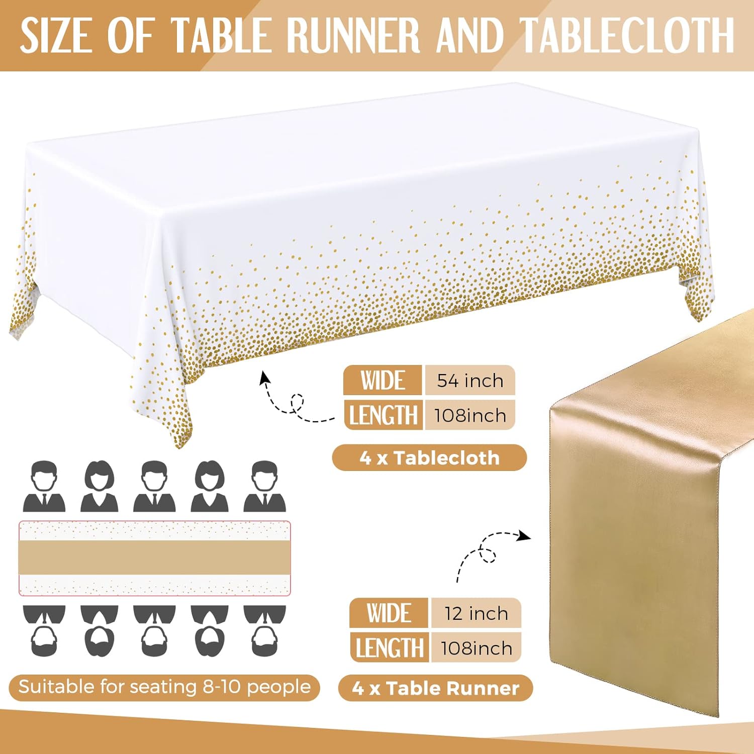 Breling 8 Pack White Gold Tablecloths and Satin Runner Set