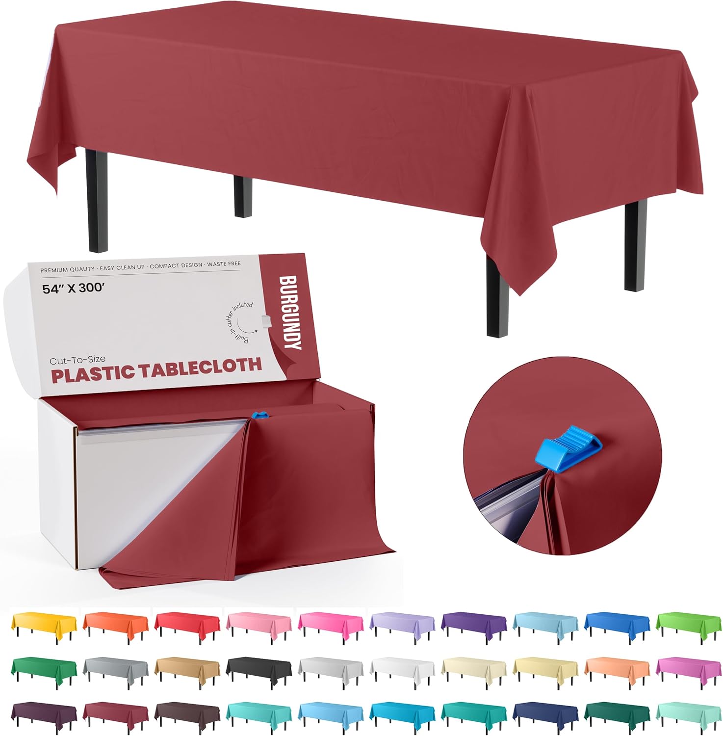 Exquisite Burgundy Plastic Tablecloth Roll 54x300 Cut To Size Box With Slide Cutter
