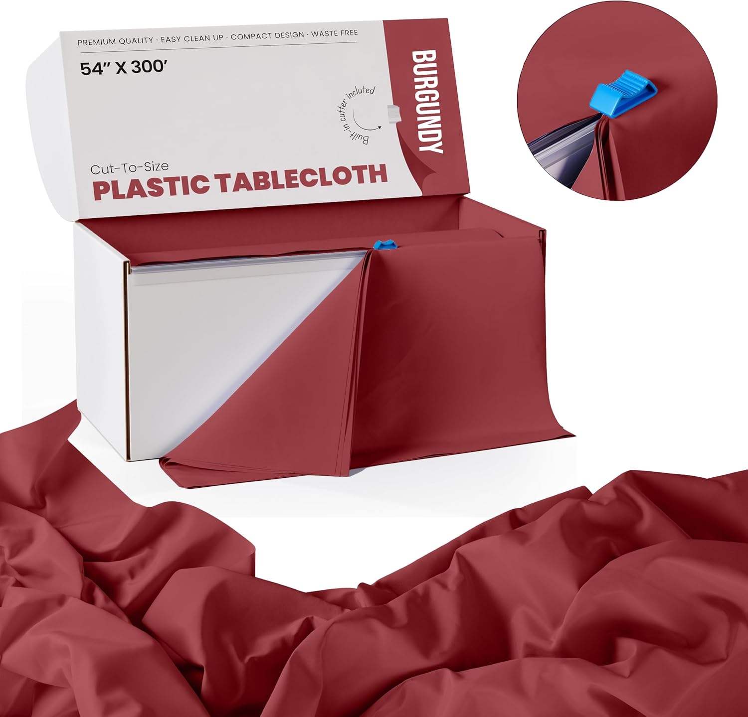 Exquisite Burgundy Plastic Tablecloth Roll 54x300 Cut To Size Box With Slide Cutter