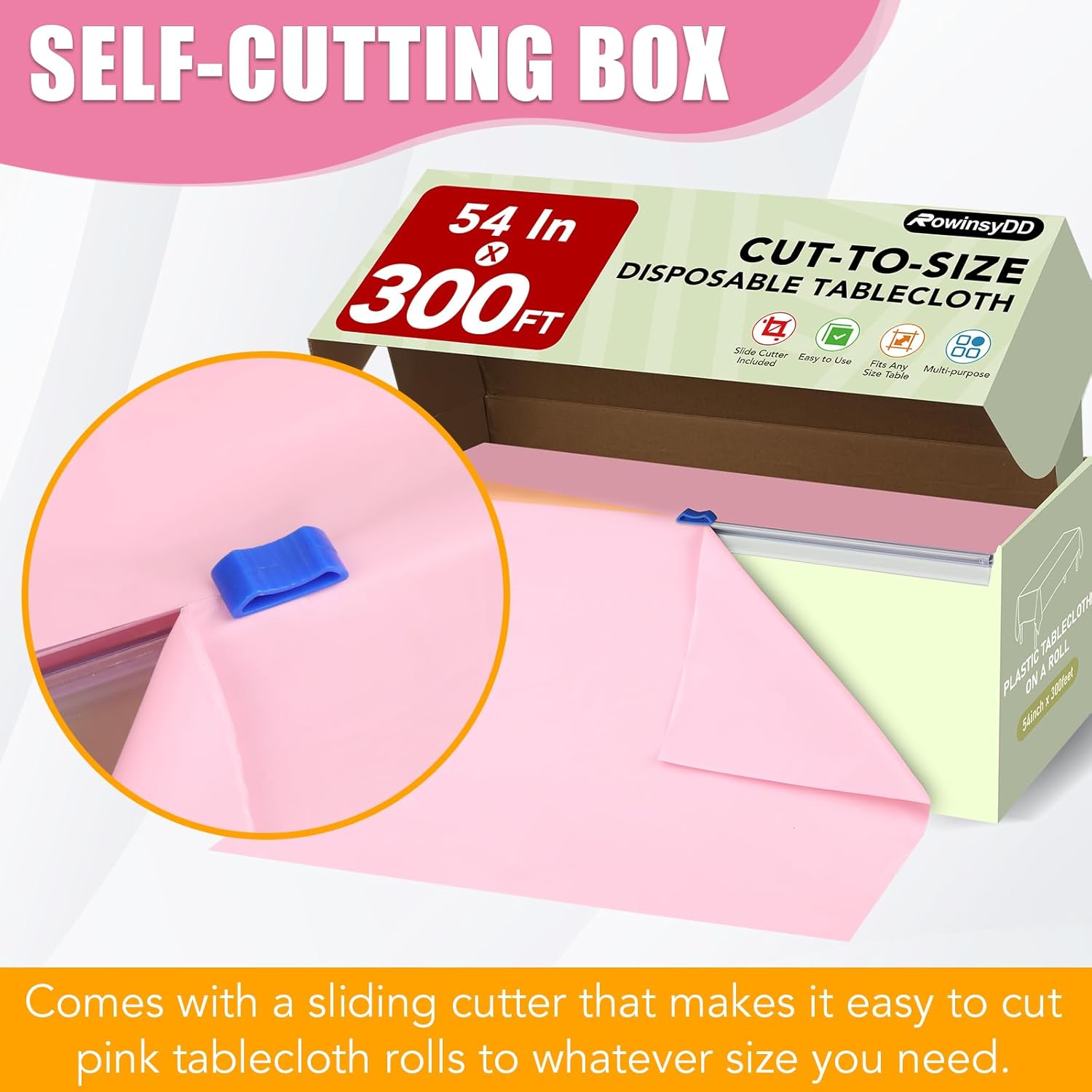 54 in X 300 FT Pink Plastic Table Cover Roll with Slide Cutter