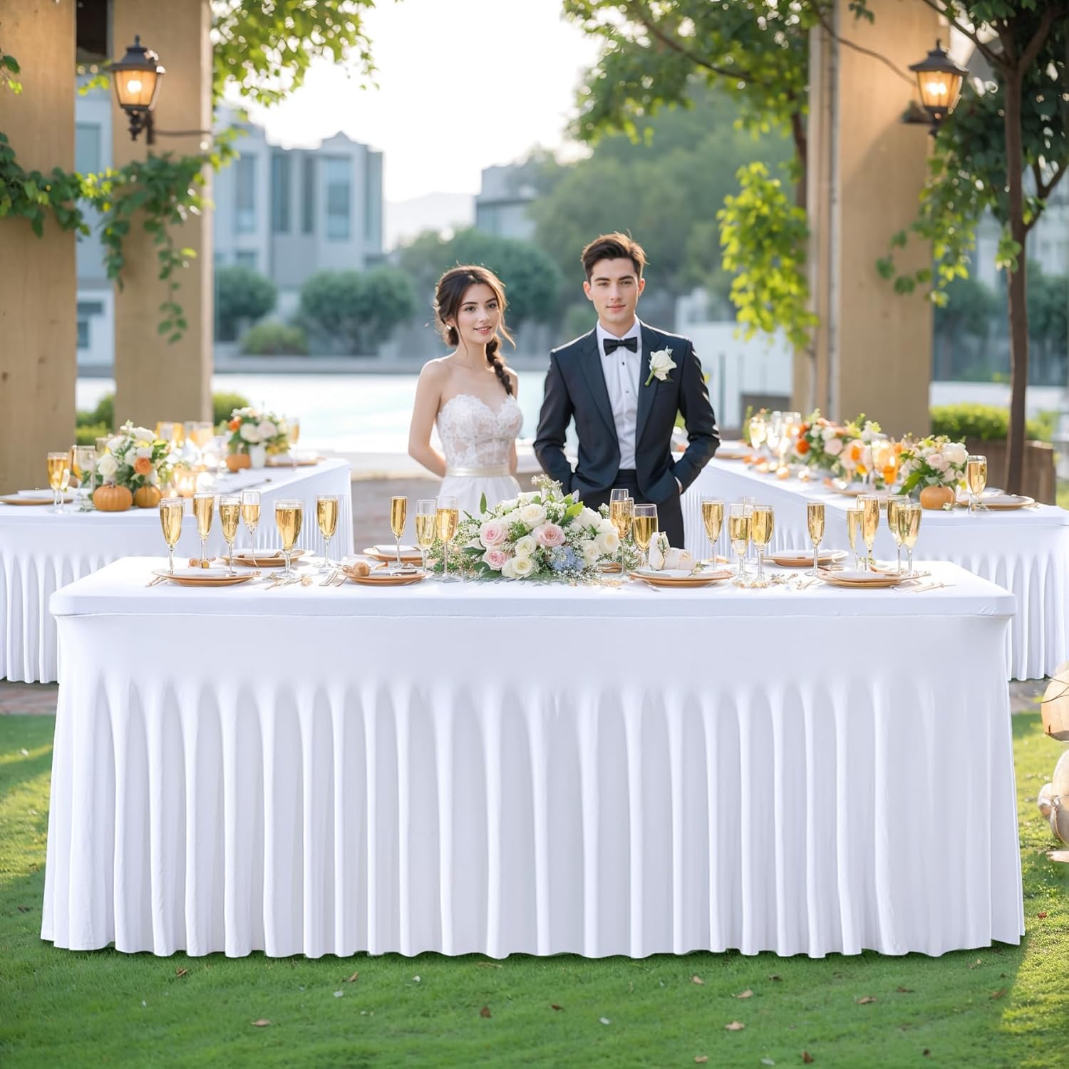 Besutolife 6ft White Tablecloth Rectangle Spandex 2PCS Table Skirt