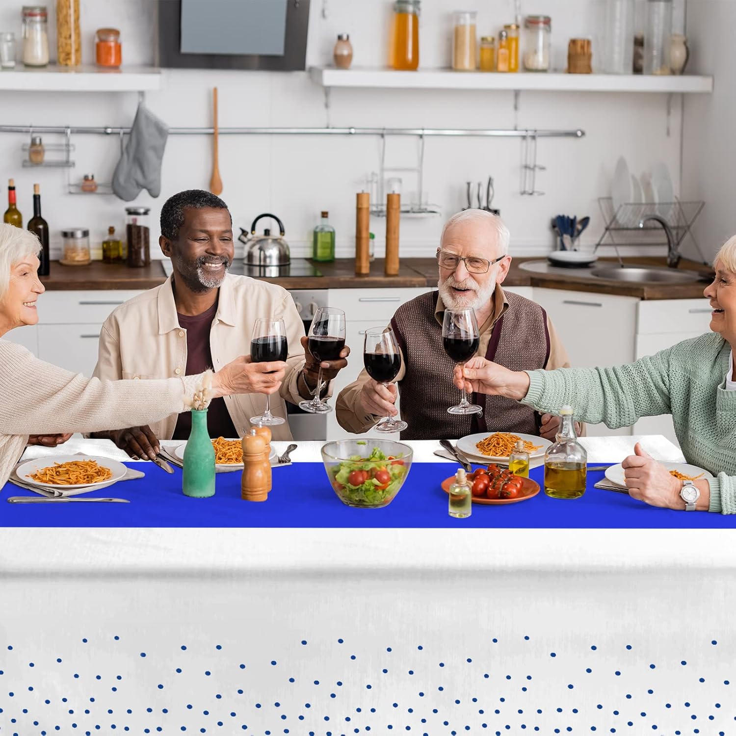 8Pack Disposable Plastic Tablecloths and Satin Table Runner with White and Royal Blue Dots for Occasions