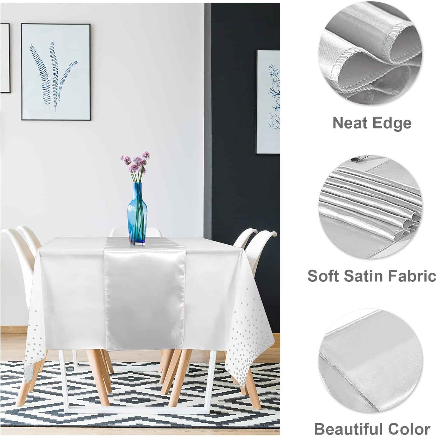 8Pack White and Silver Dot Tablecloths and Satin Table Runner Set for Occasions