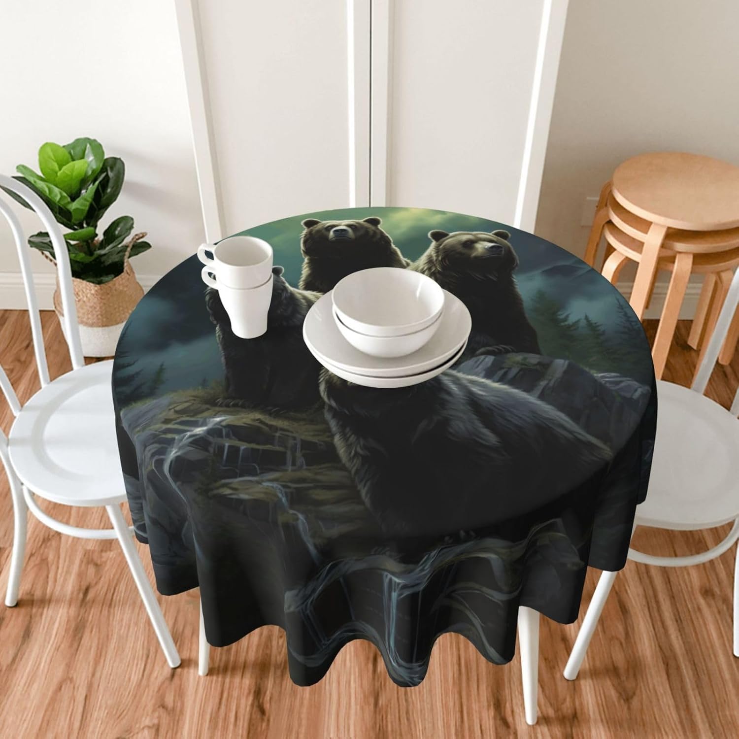 60 Inch Round Black Bear Tablecloth for Holiday Parties