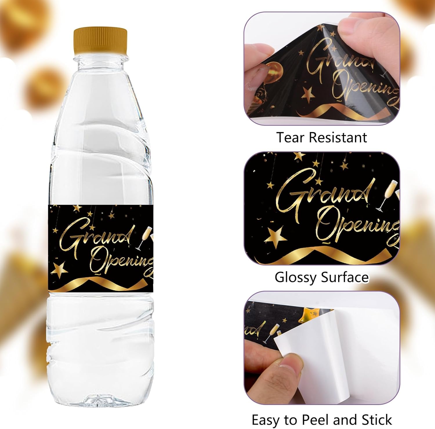 50Pcs Grand Opening Water Bottle Labels Black Gold Waterproof Decor Stickers