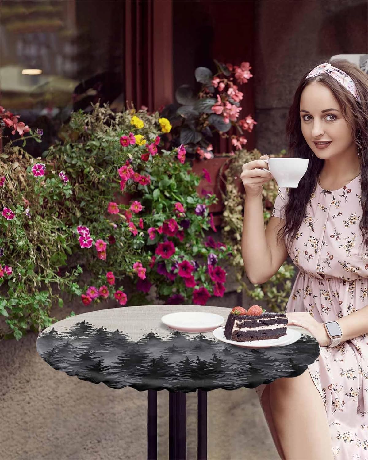 Forest Birds Round Waterproof Table Cover Fitted Elastic Tablecloth for Indoor Outdoor Use