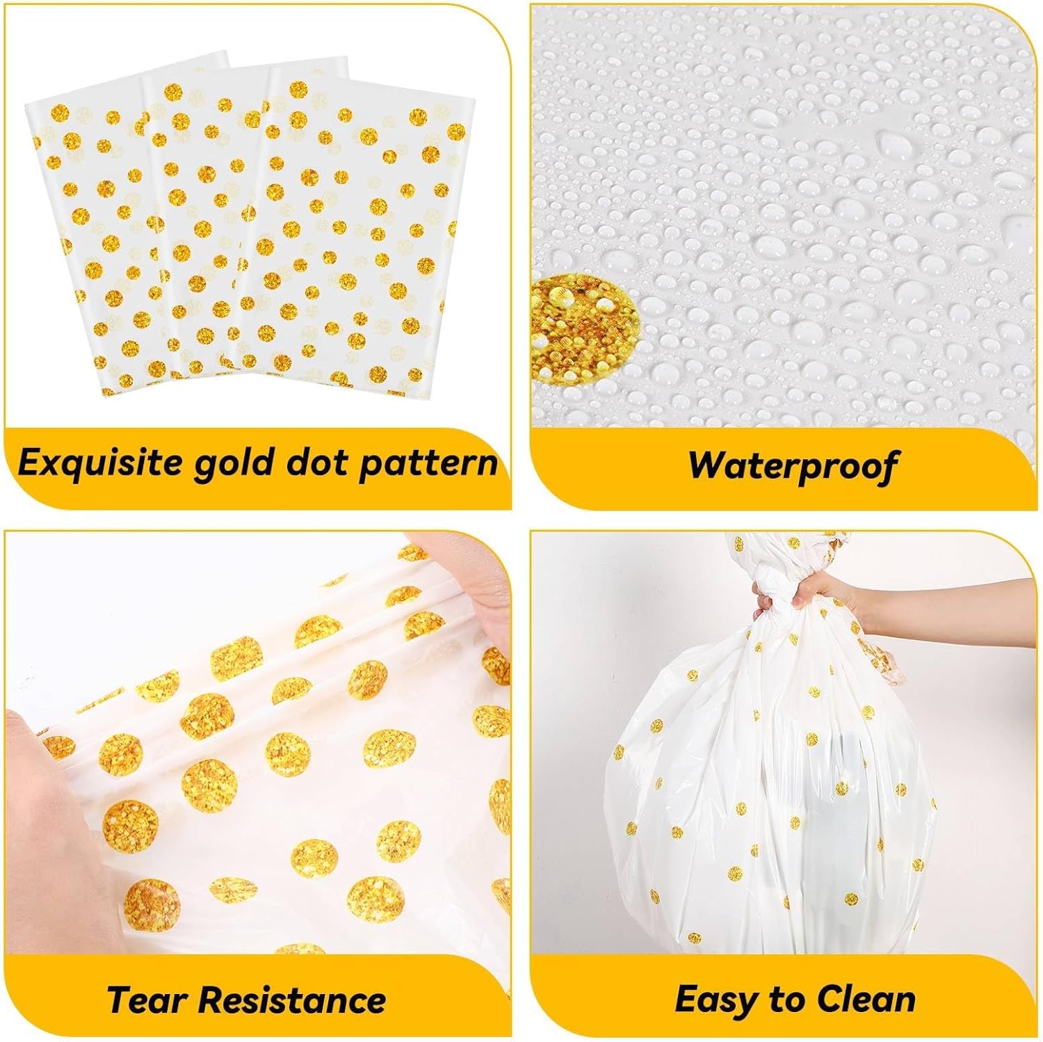 Newwiee 84 Inch Round Dot Tablecloth 3 Pcs White Gold Dots