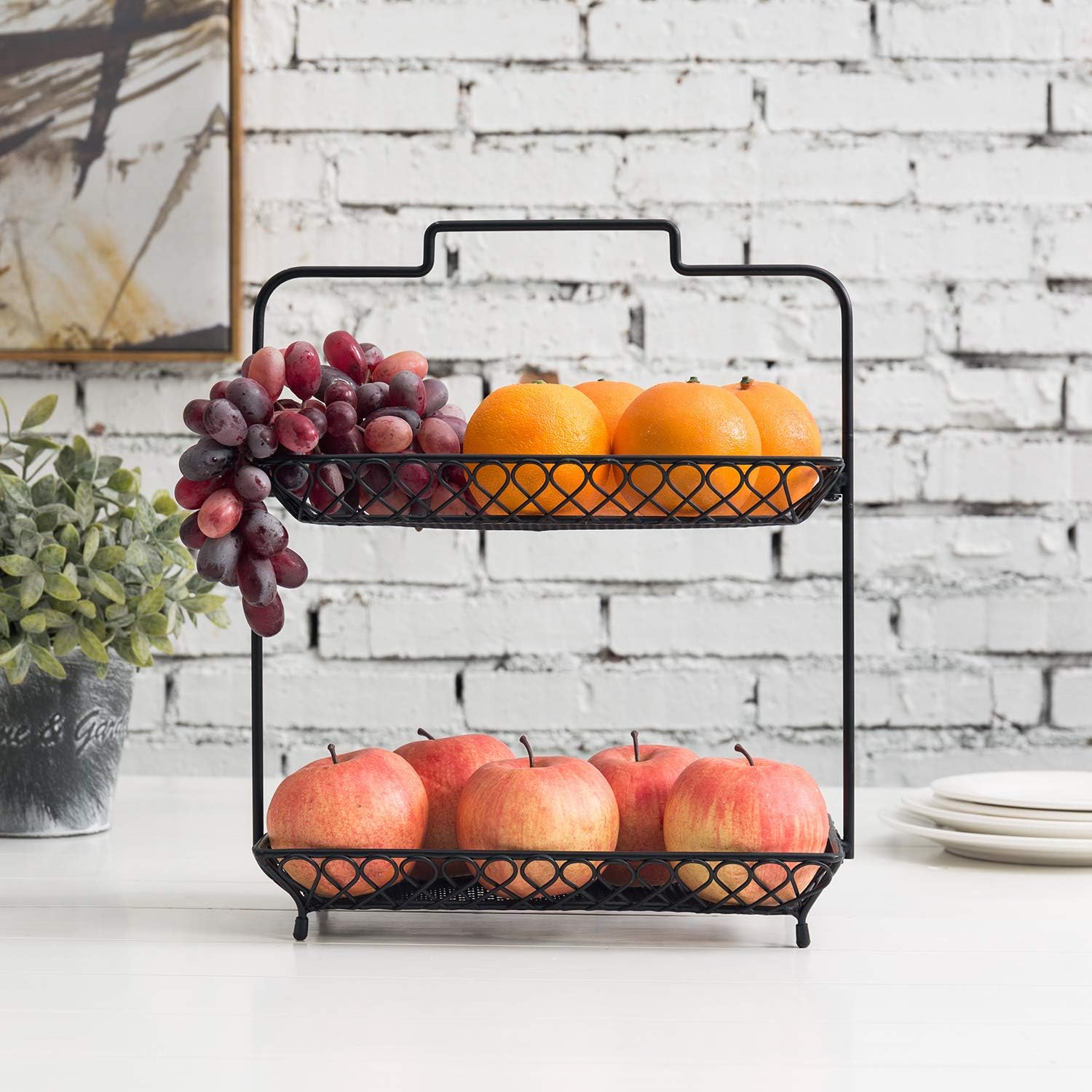 MyGift 2 Tier Vintage Style Matte Black Fruit Basket with Handle