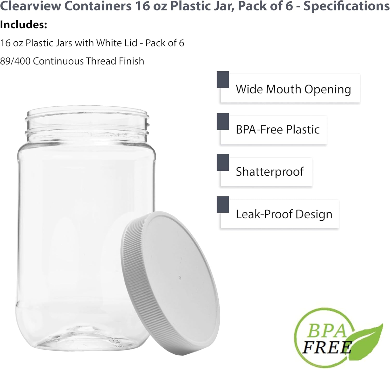 Plastic Storage Jars with Leak Proof Lids 16oz 6 Pack