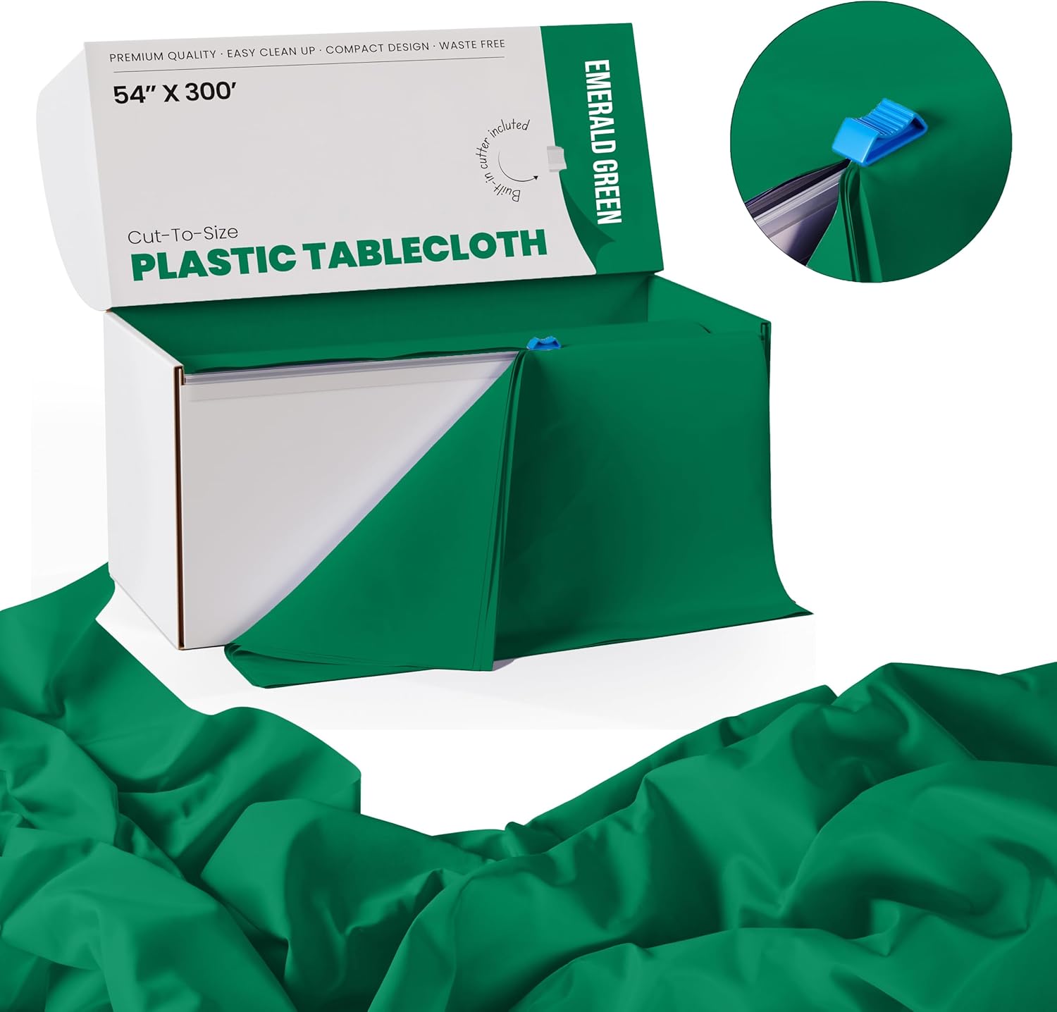 Exquisite Emerald Green 54x300 Plastic Table Cover Roll with Slide Cutter