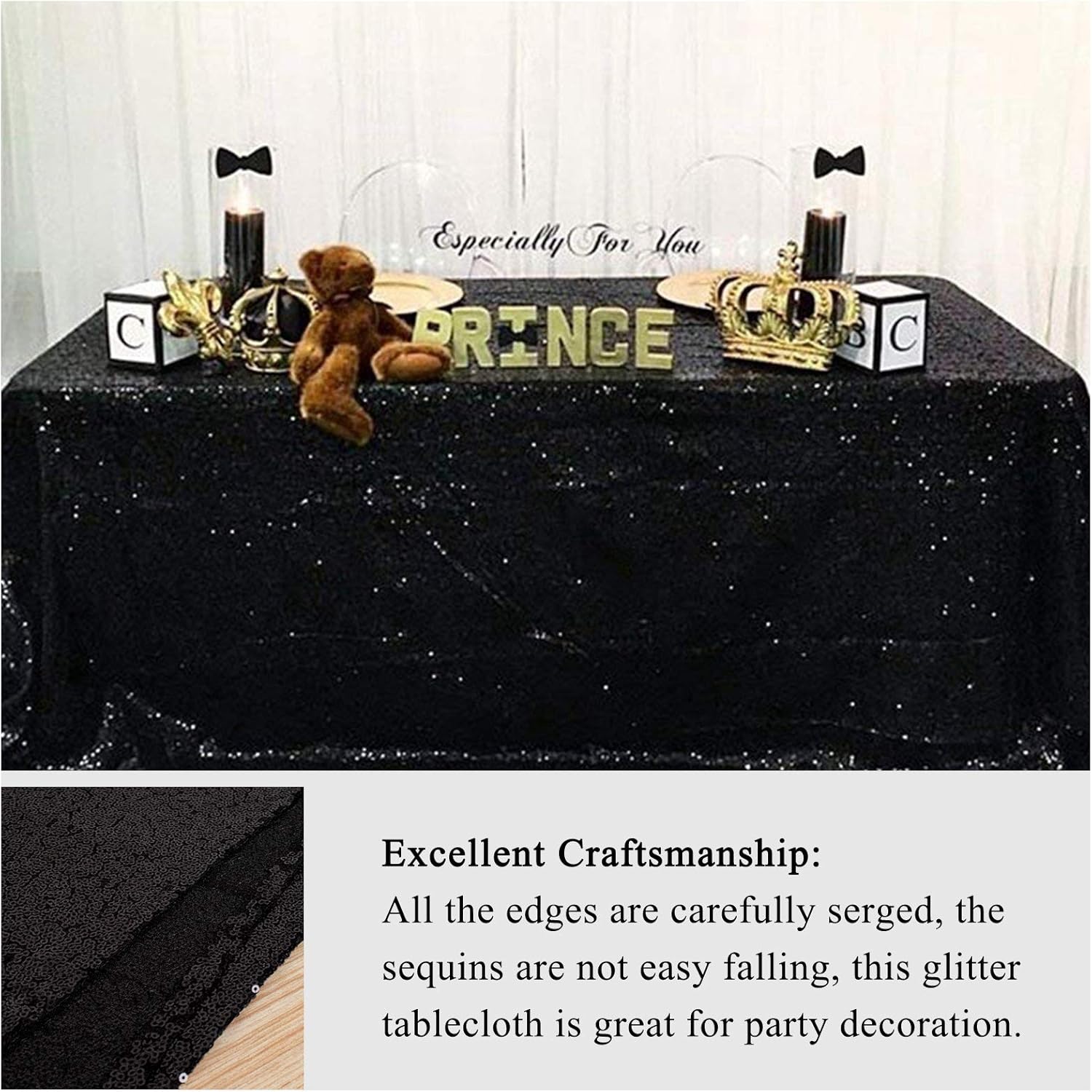 AMZLOKAE Sequin Square Tablecloth 50x50 Black Glitter Overlay for Parties and Events