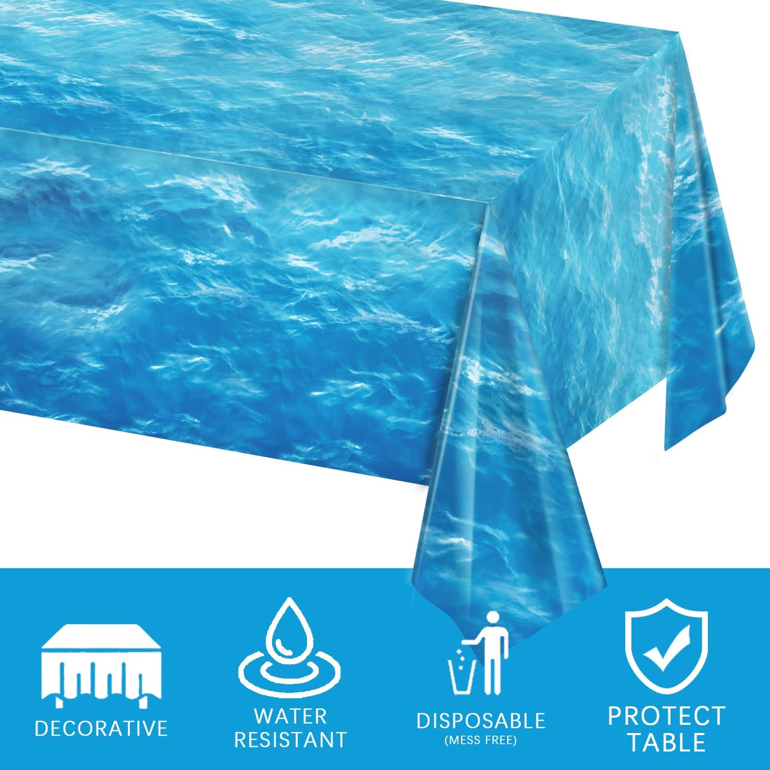 3 Piece Ocean Waves Tablecloth 54x108 Inch Water Print Plastic Table Cover for Beach Pool Party Decor