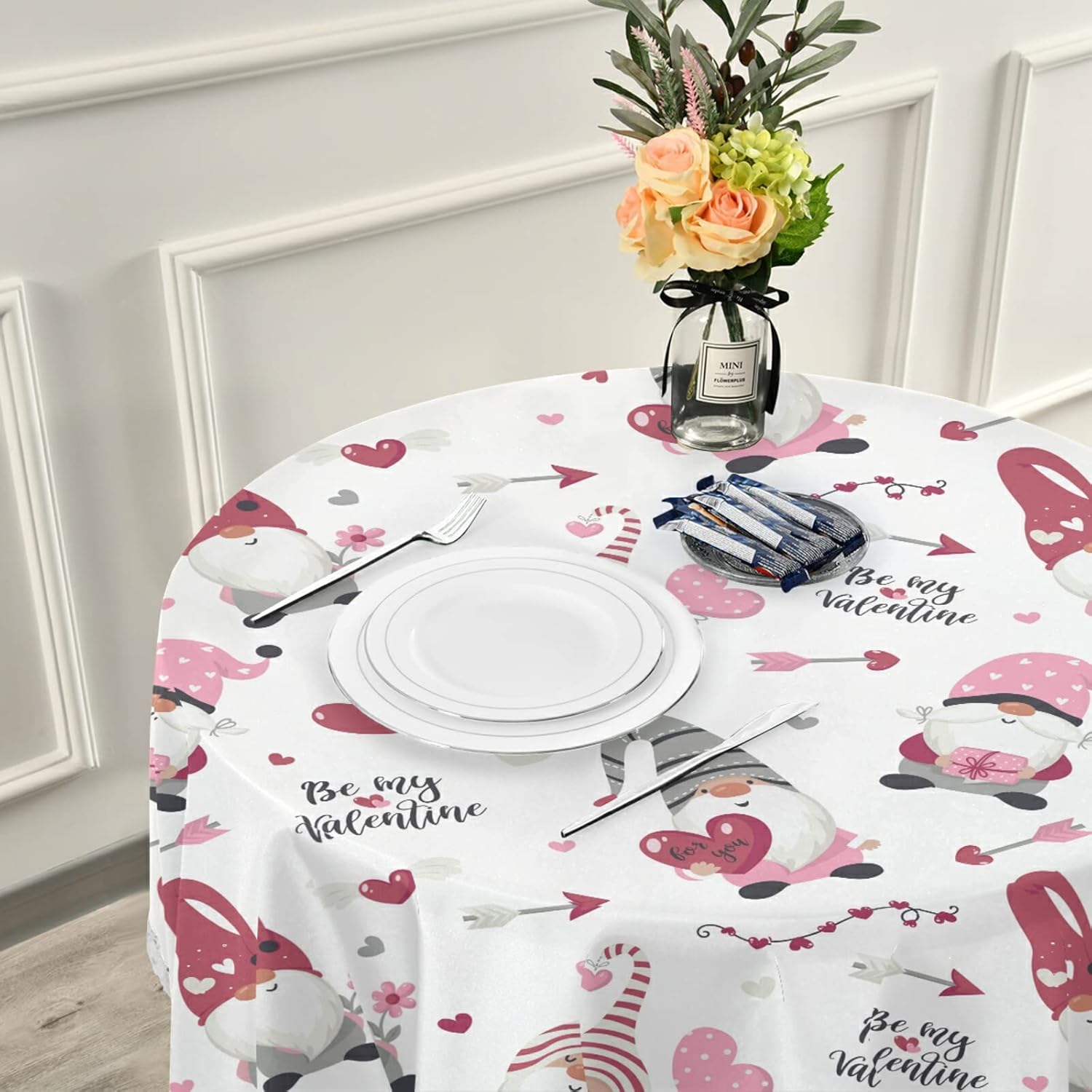 Pfrewn Gnomes Hearts Pink Tablecloth 60 Inch