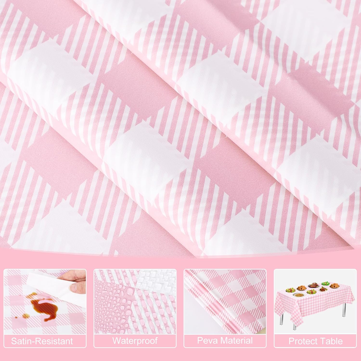 3 Pack Pink Gingham Tablecloths for Parties