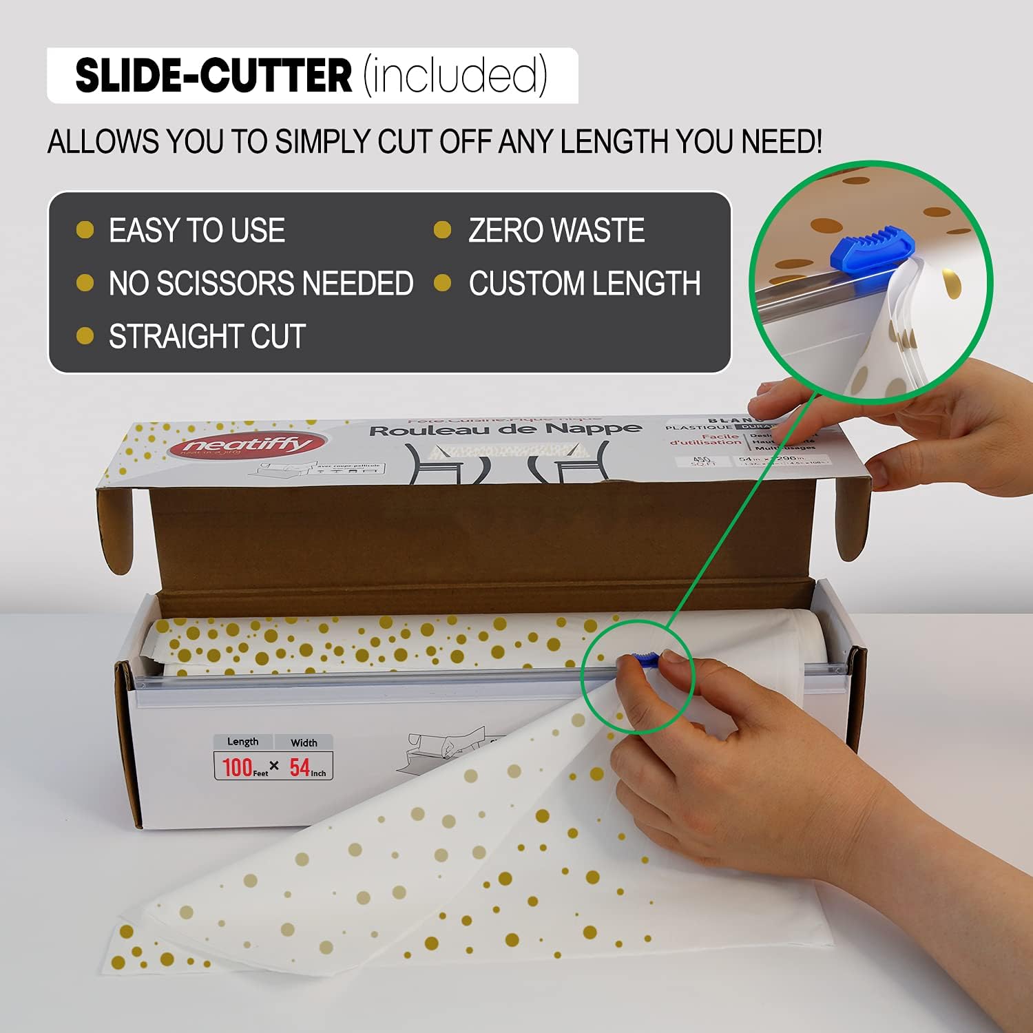 Neatiffy 54 in x 100 Ft Tablecloth Roll with Slide Cutter - Waterproof Cover for Tables