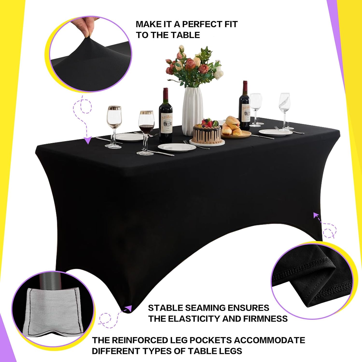 2 Pack 6FT Black Stretch Spandex Tablecloths