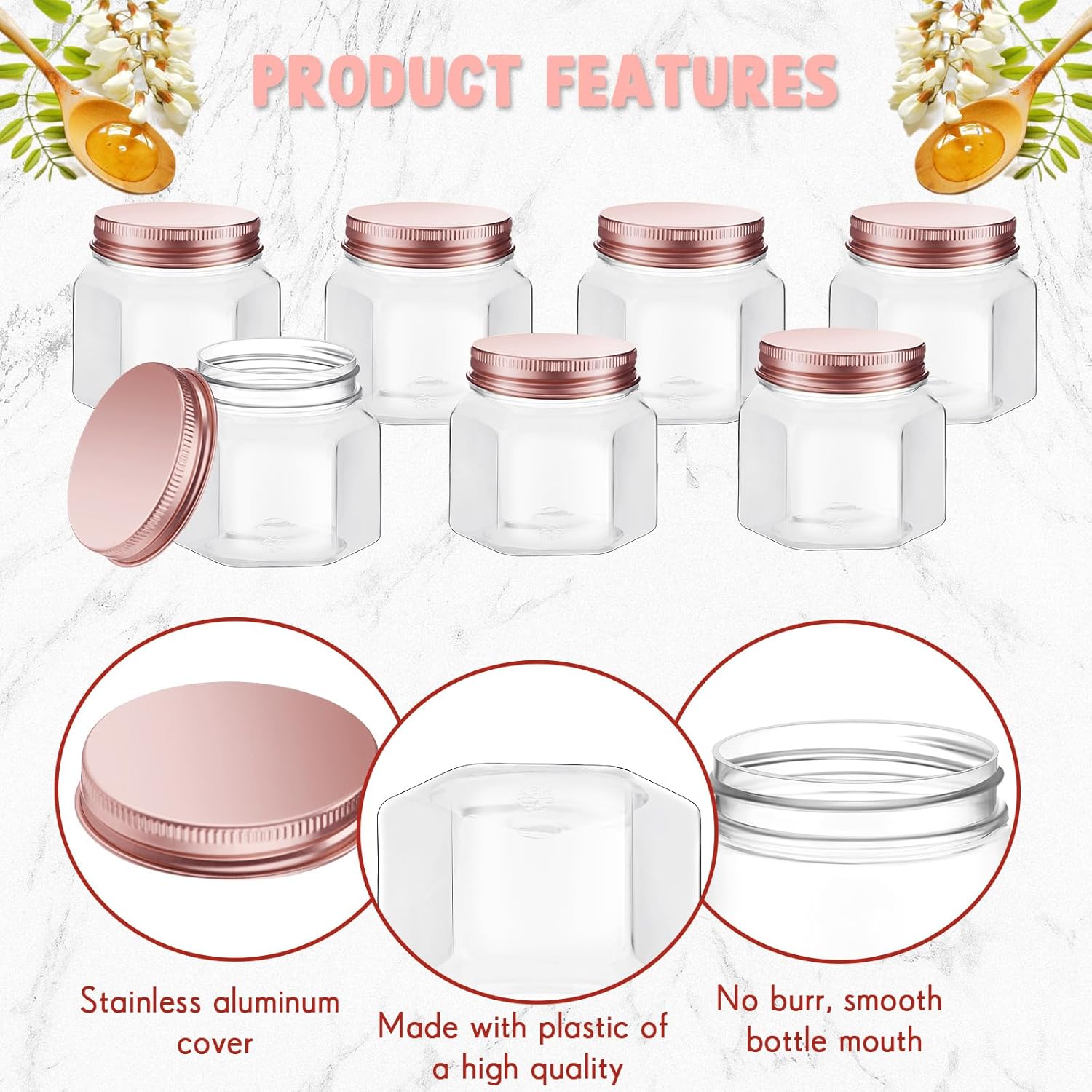Dandat 50 Pcs 3 Oz Hexagon Plastic Jars With Rose Gold Lids