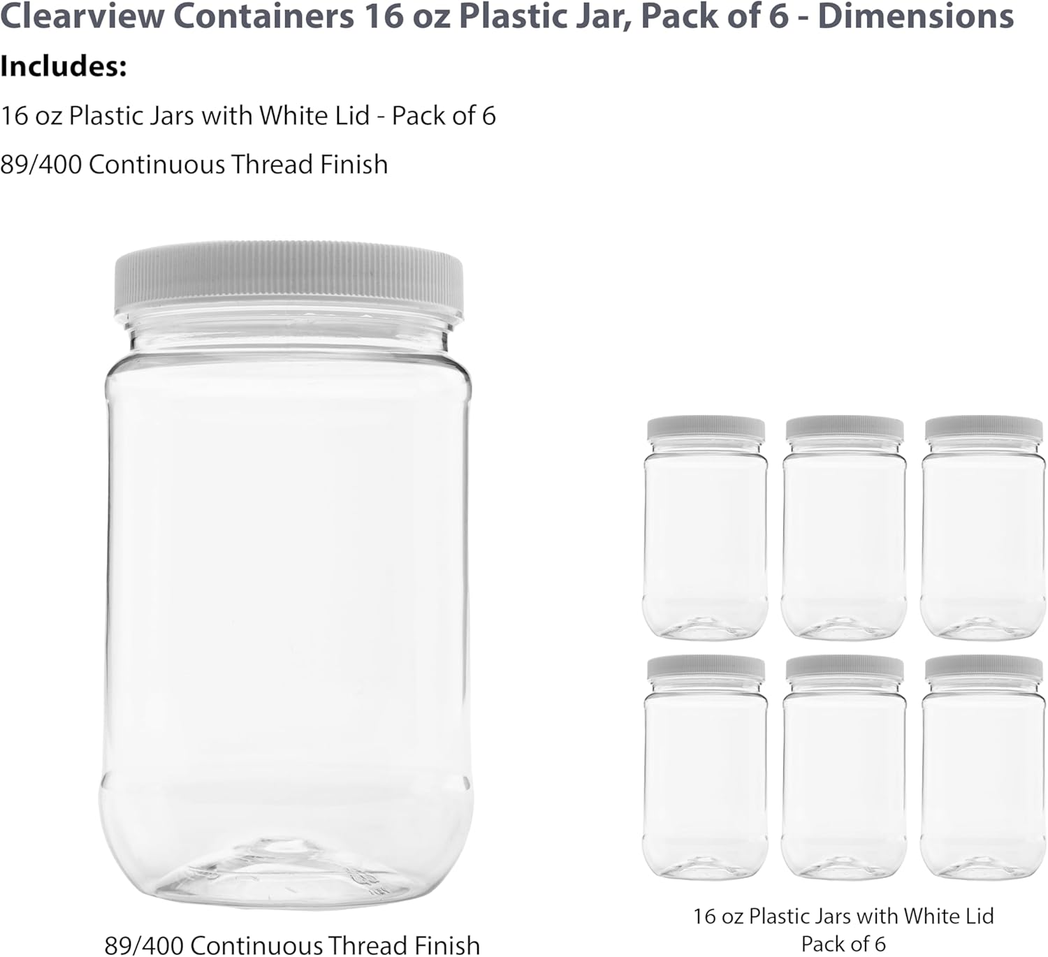 Plastic Storage Jars with Leak Proof Lids 16oz 6 Pack