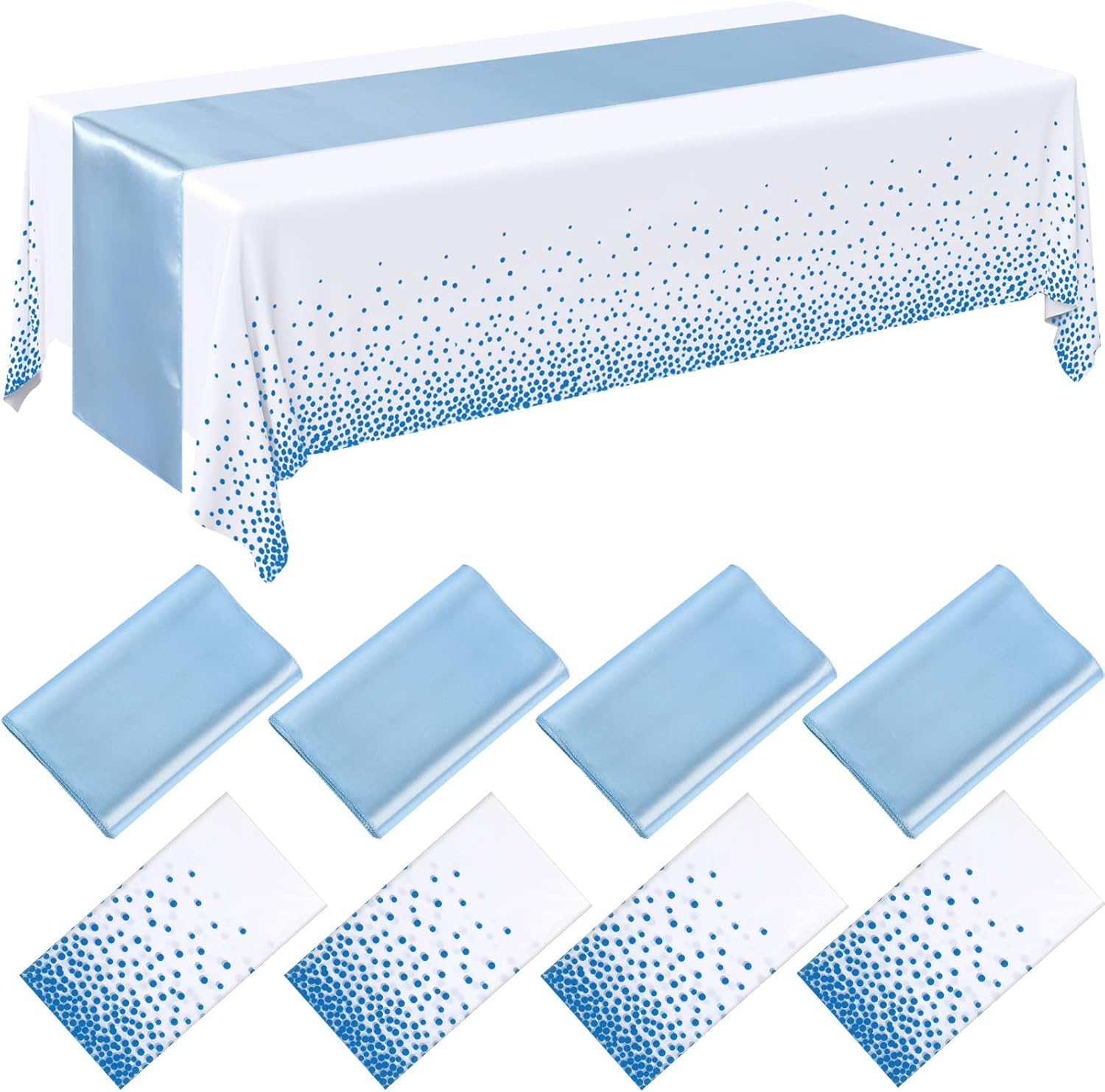 Breling 8 Pack Winter Baby Blue and White Tablecloths and Satin Table Runners Set