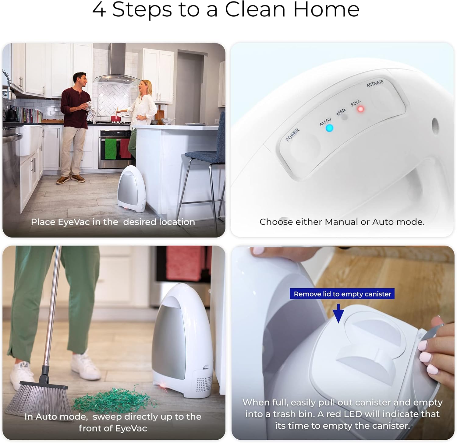 EyeVac Home Touchless Vacuum Automatic Dustpan - Ultra Fast Powerful 1000 Watt White