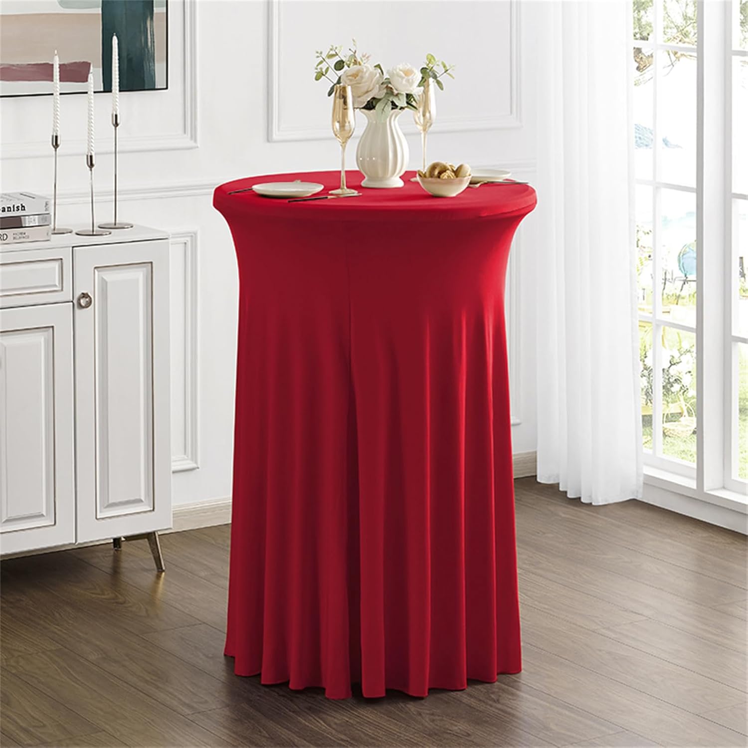 2 Pack 43x32 Inch Spandex Cocktail Tablecloths with Wavy Skirt Red Stretch Table Cover for Bar Wedding Party