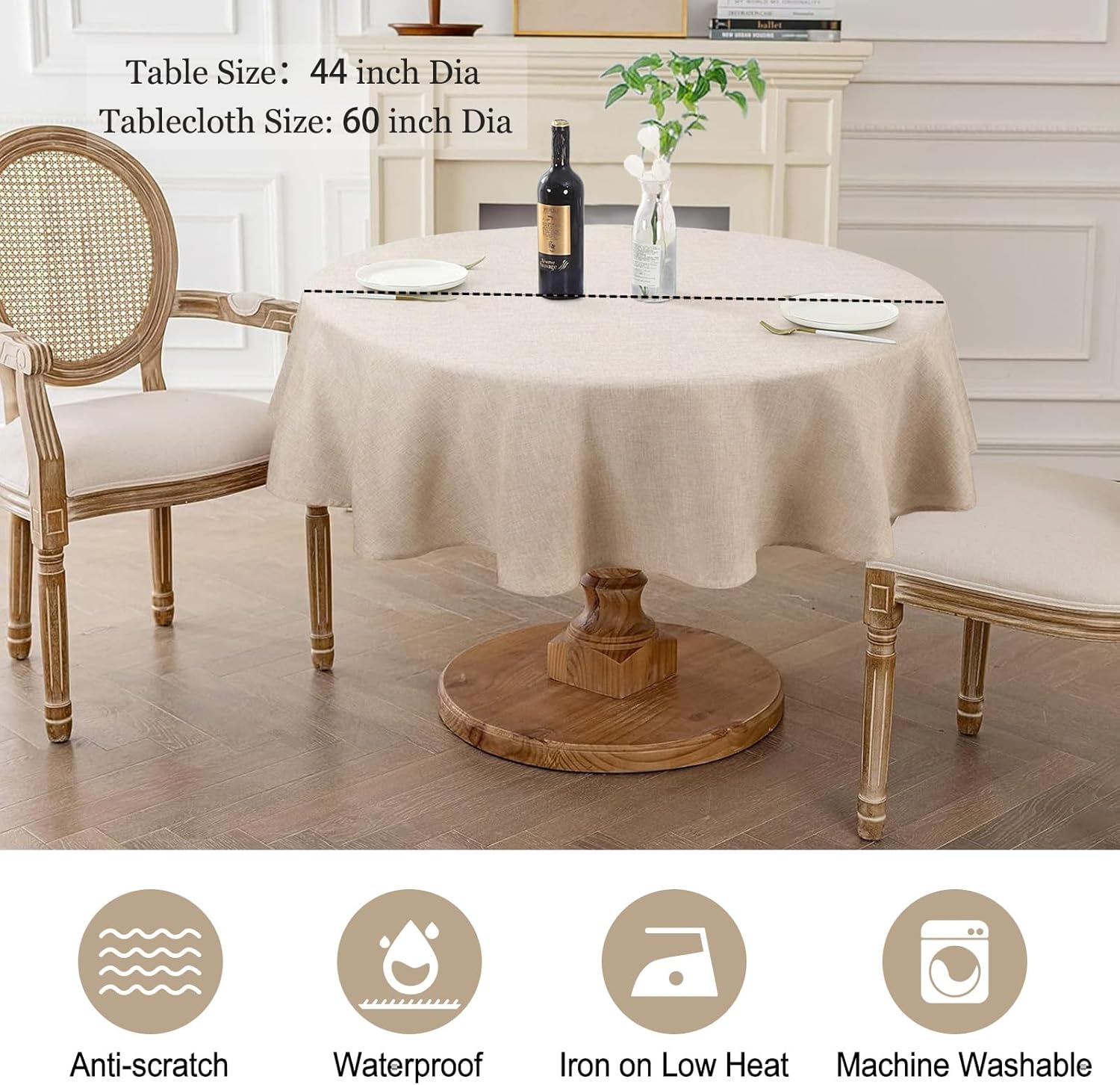 Textured Linen 54 Inch Round Tablecloth Waterproof Spill-Proof