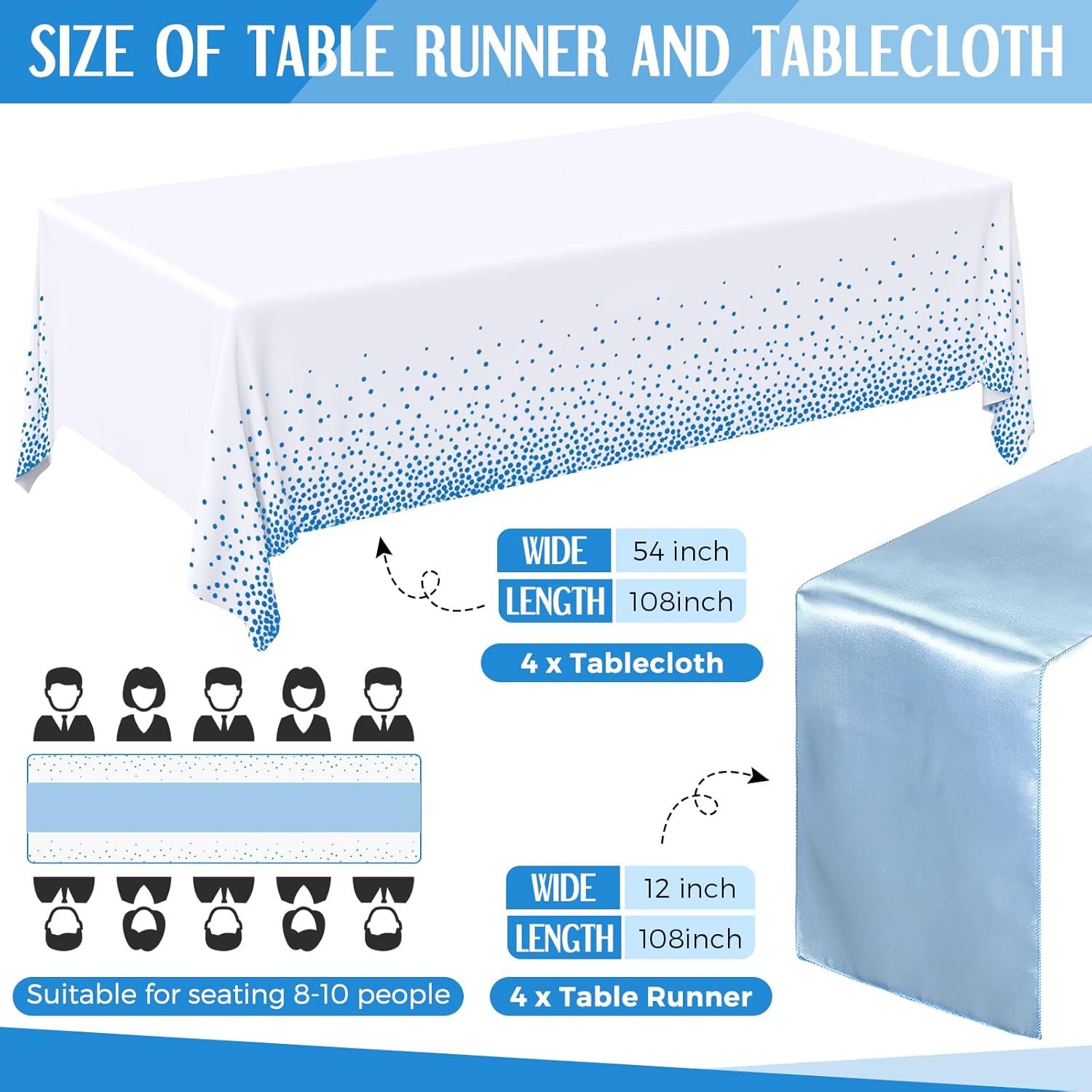Breling 8 Pack Winter Baby Blue and White Tablecloths and Satin Table Runners Set