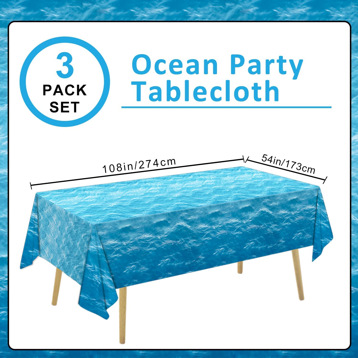 3 Piece Ocean Waves Tablecloth 54x108 Inch Water Print Plastic Table Cover for Beach Pool Party Decor