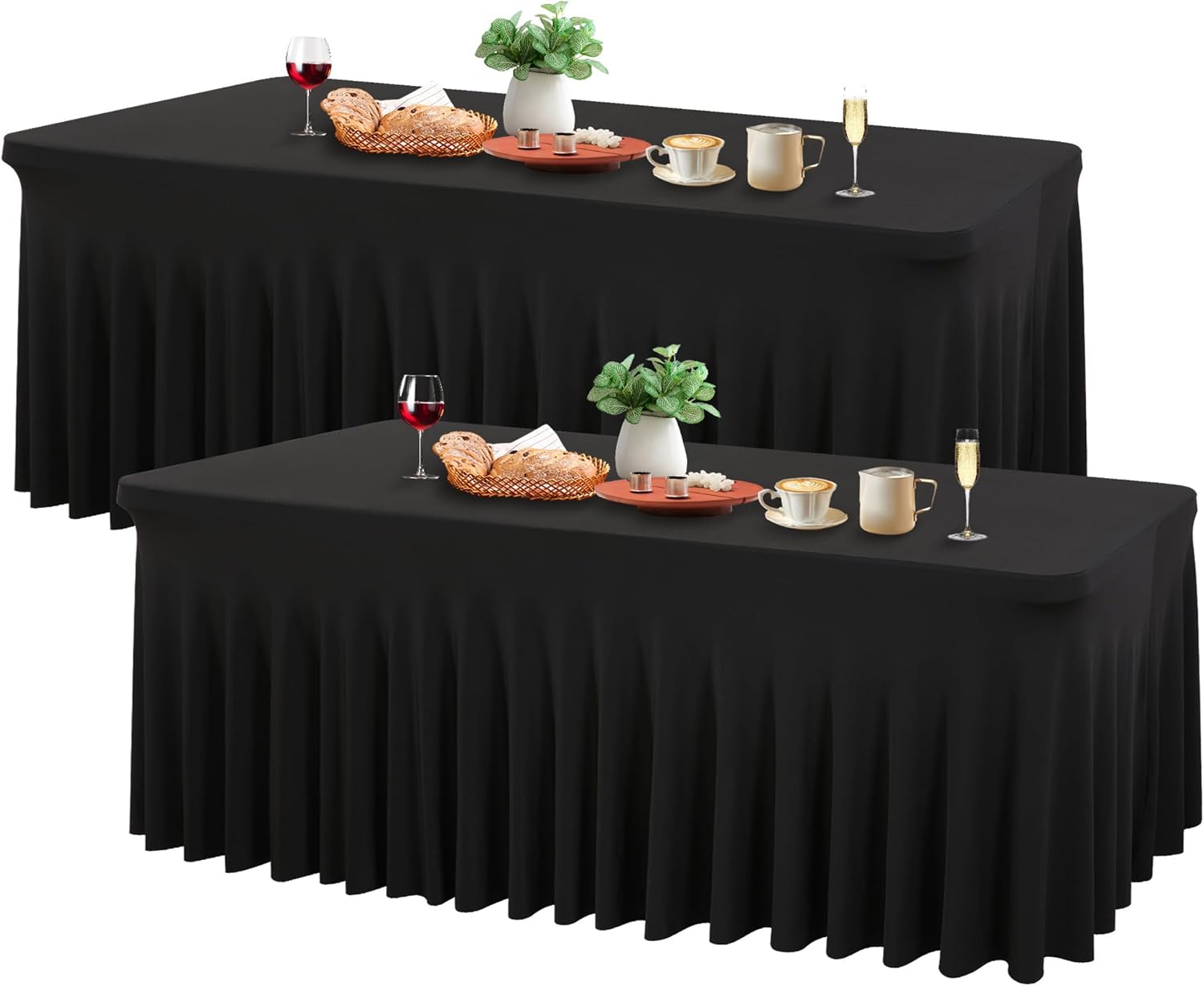 Wish Care 2 Pack Black Spandex Tablecloths - Fitted 6ft Rectangle for Events
