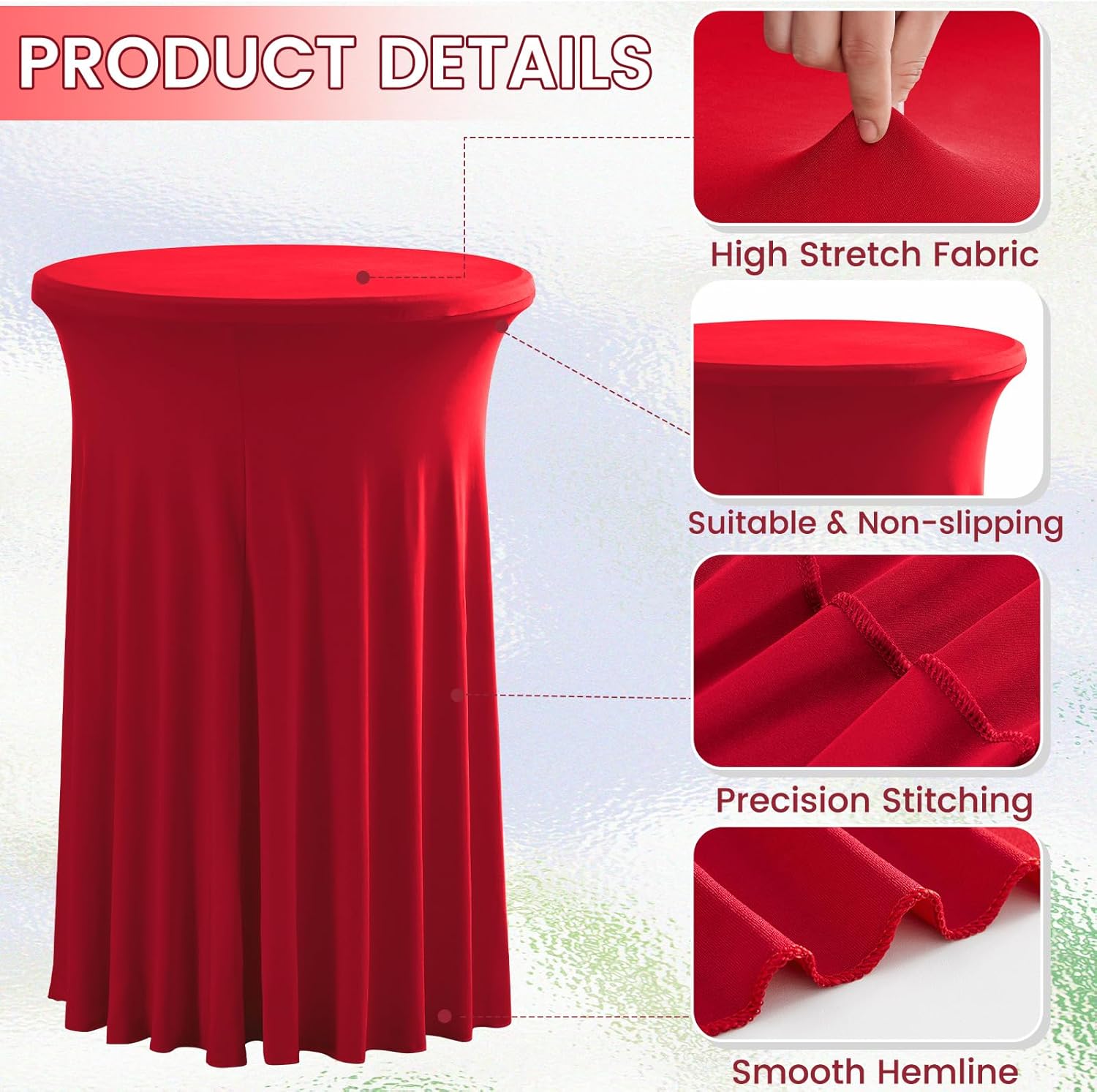 2 Pack 43x32 Inch Spandex Cocktail Tablecloths with Wavy Skirt Red Stretch Table Cover for Bar Wedding Party