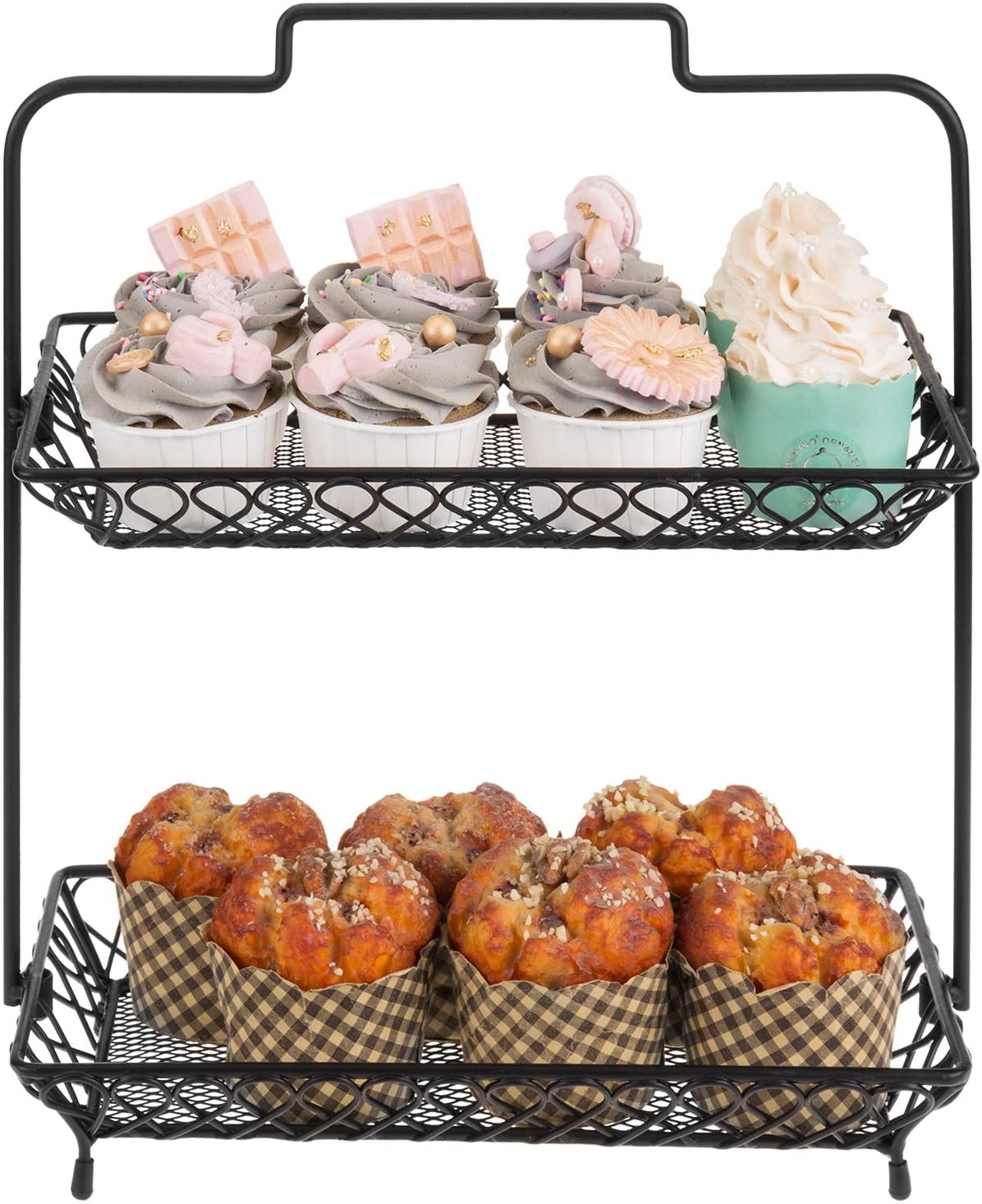 MyGift 2 Tier Vintage Style Matte Black Fruit Basket with Handle