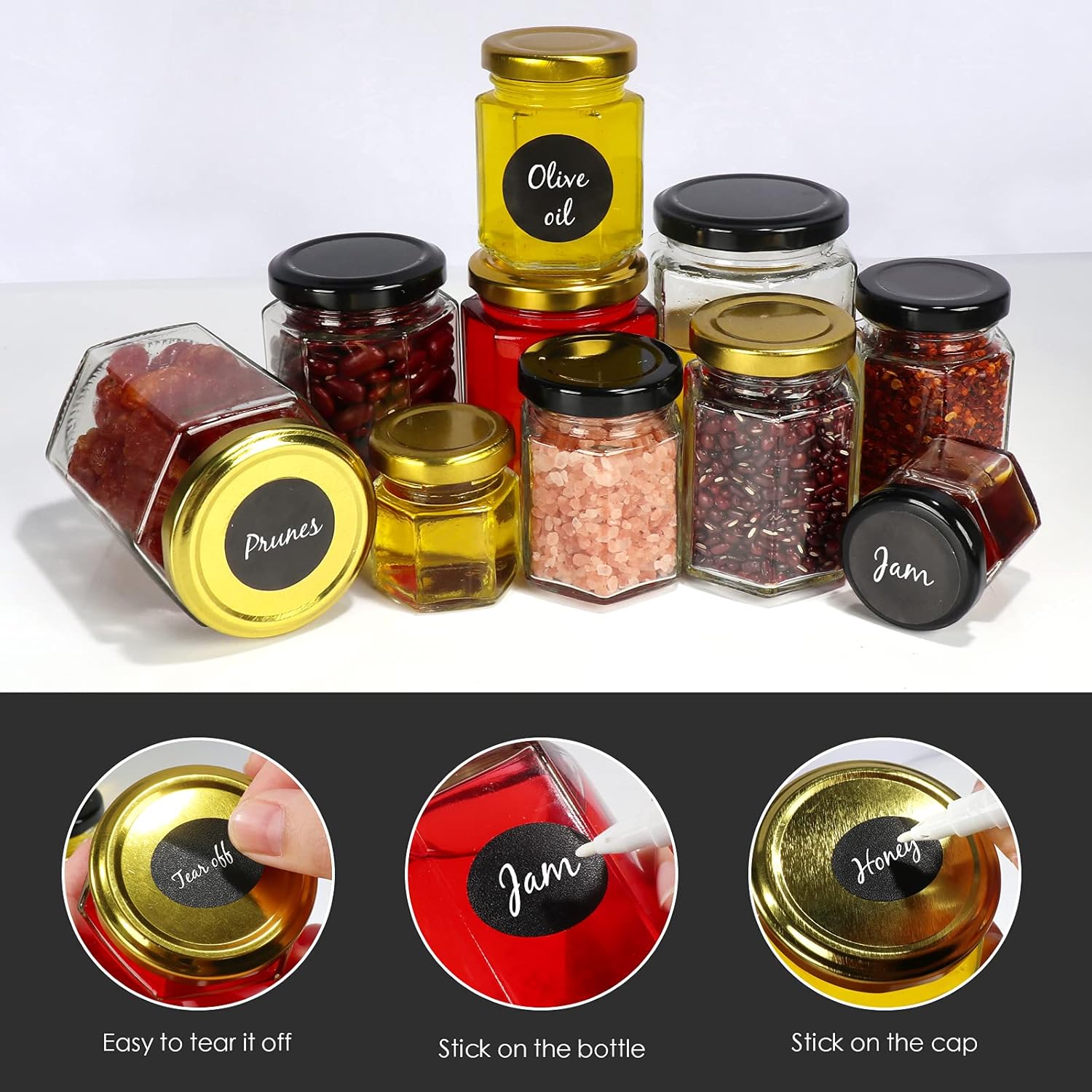 Betrome 30 Pack 6oz Hexagon Glass Jars with Gold Lids