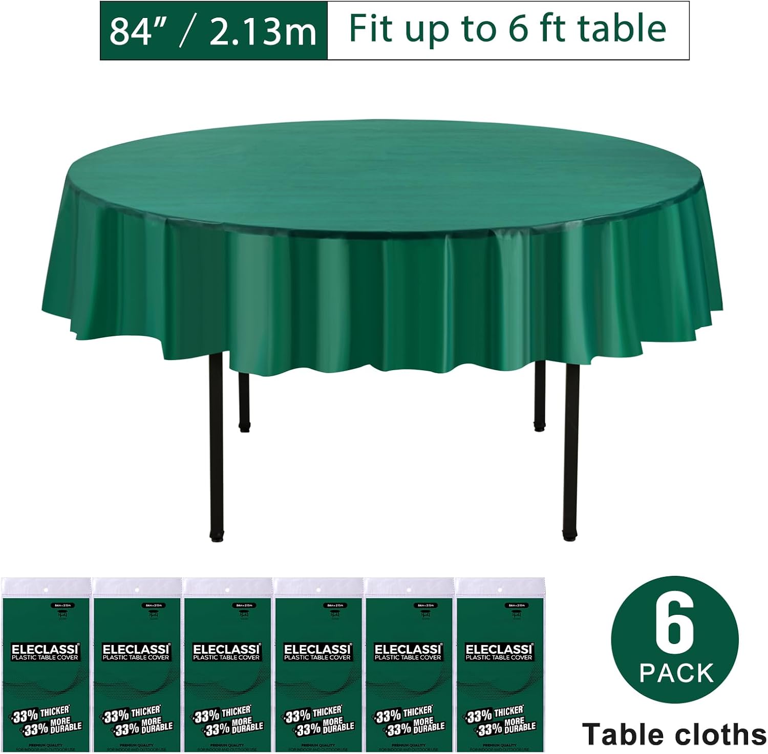 Eleclassi Emerald Green 6 Pack Round Disposable Tablecloths - 84 Inch
