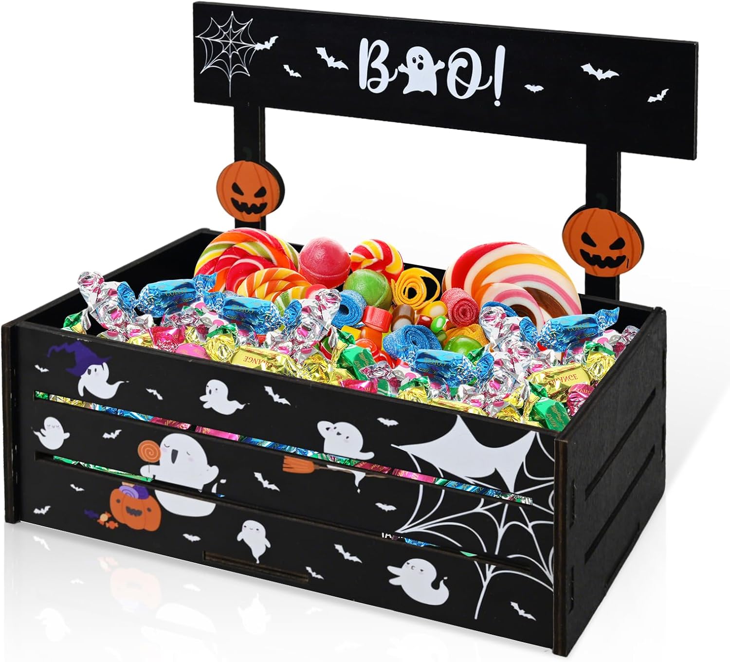 Halloween Candy Bowl Wooden Serving Dish with Ghost Pumpkin Design