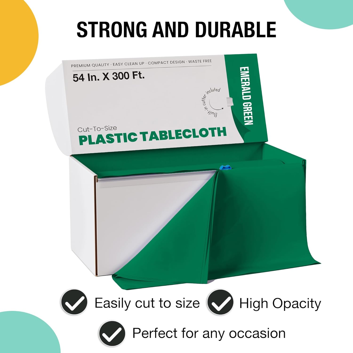 Exquisite Emerald Green 54x300 Plastic Table Cover Roll with Slide Cutter
