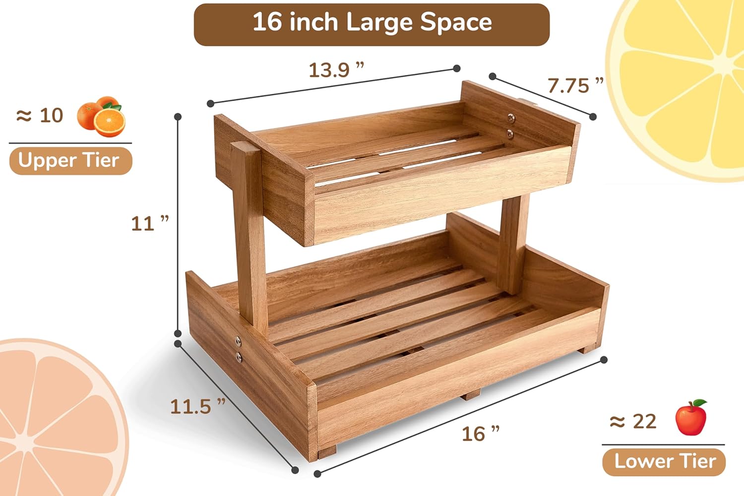 2-Tier Acacia Wood Fruit Basket Large Capacity Bowl Organizer