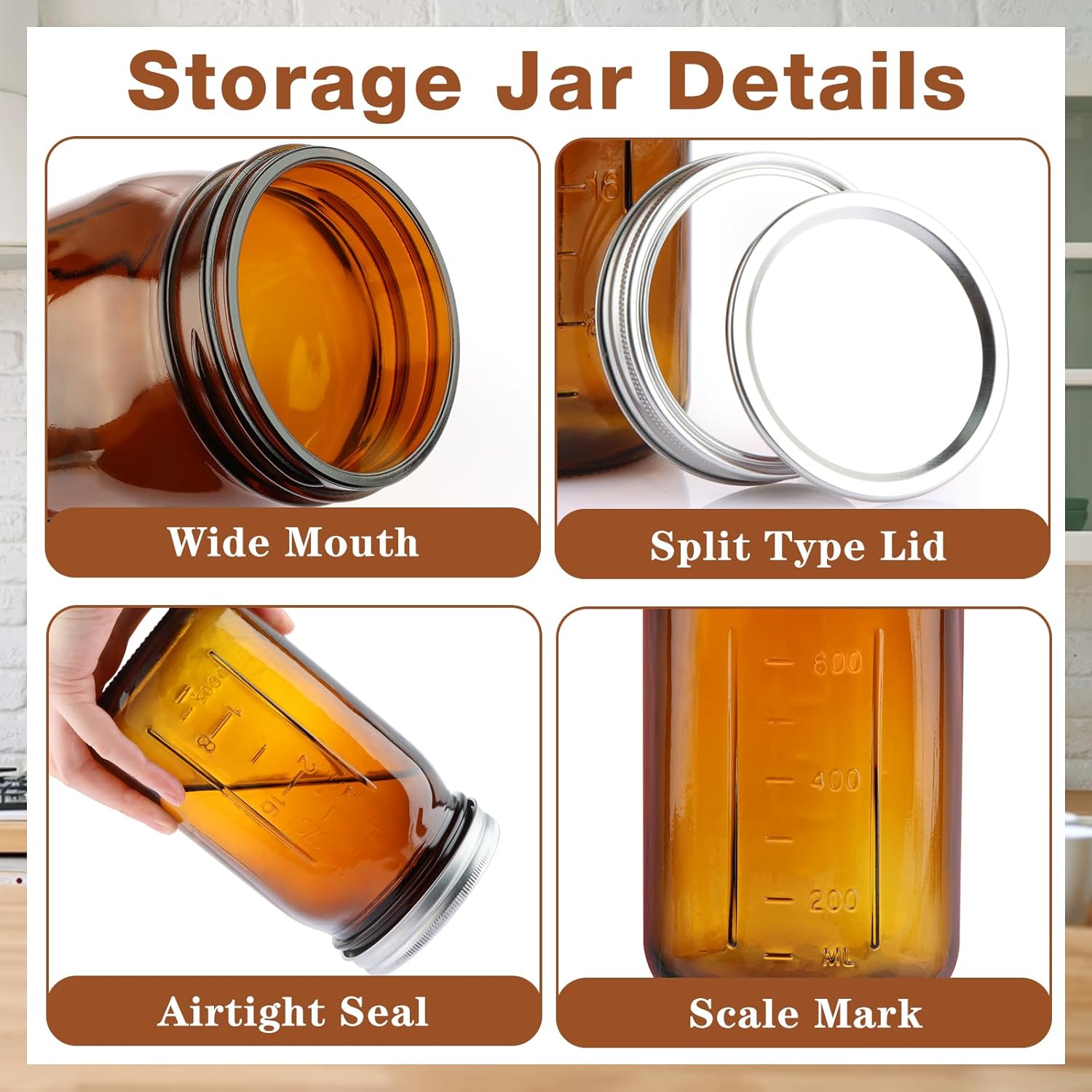 CARBLIN 4 Pack 32 Oz Amber Canning Jars with Airtight Lids