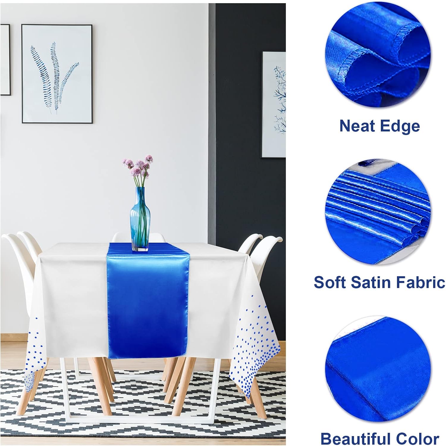8Pack Disposable Plastic Tablecloths and Satin Table Runner with White and Royal Blue Dots for Occasions