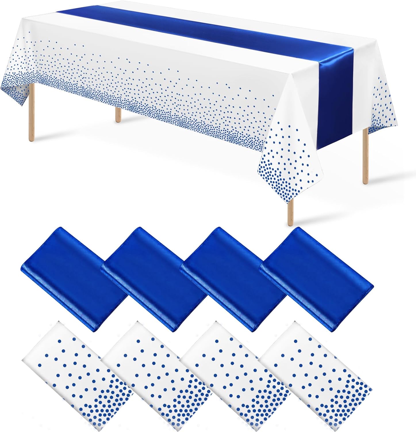 8Pack Disposable Plastic Tablecloths and Satin Table Runner with White and Royal Blue Dots for Occasions