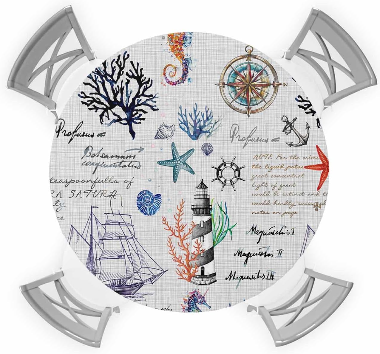 Nautical Compass Round Waterproof Table Cover with Elastic Fit