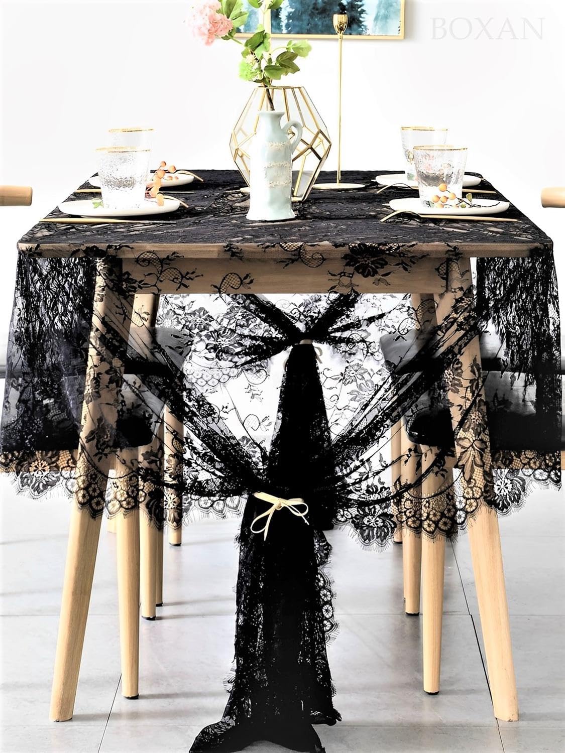 BOXAN Vintage Rose Embroidered Black Lace Tablecloth Overlay - 120 x 60 Rectangular