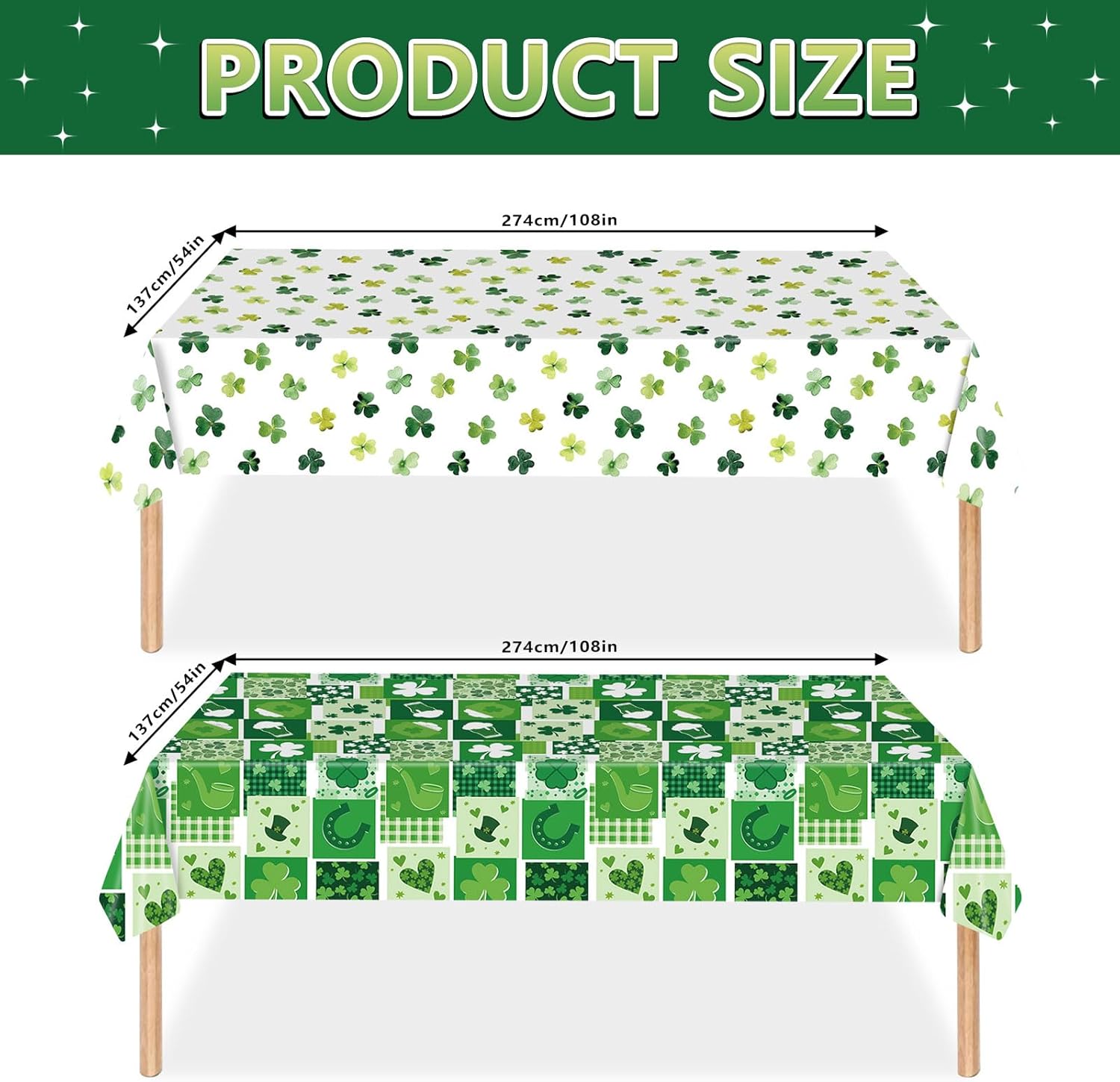 2PCS St Patricks Day Tablecloths Green Shamrock 54x108 Plastic Disposable Party Covers
