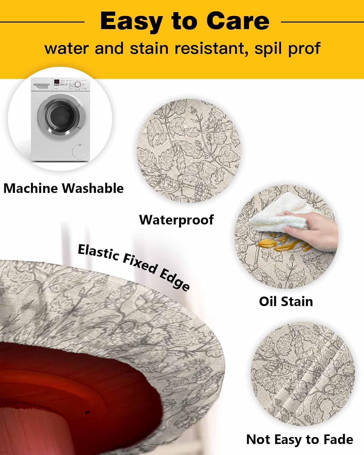 Gray Floral Round Waterproof Table Cover with Elastic