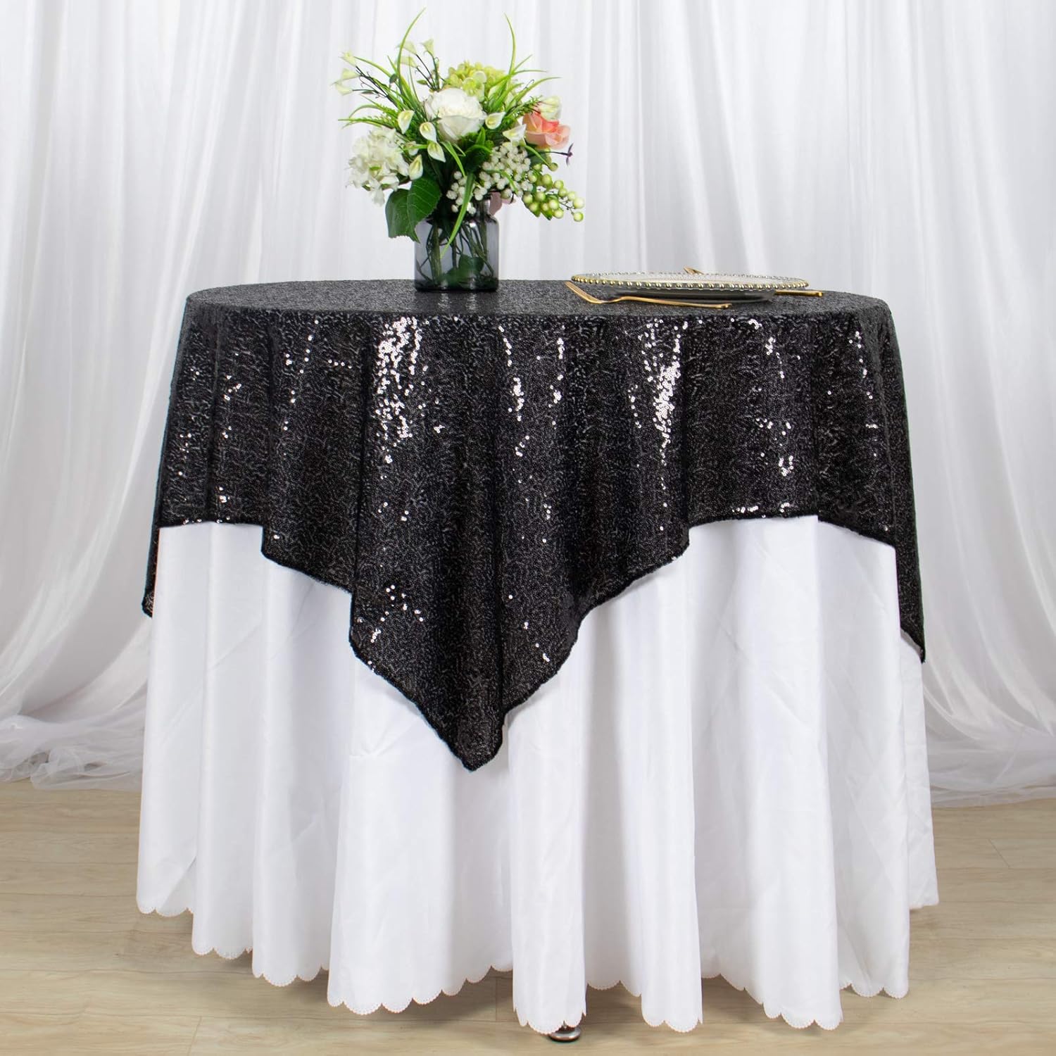 AMZLOKAE Sequin Square Tablecloth 50x50 Black Glitter Overlay for Parties and Events