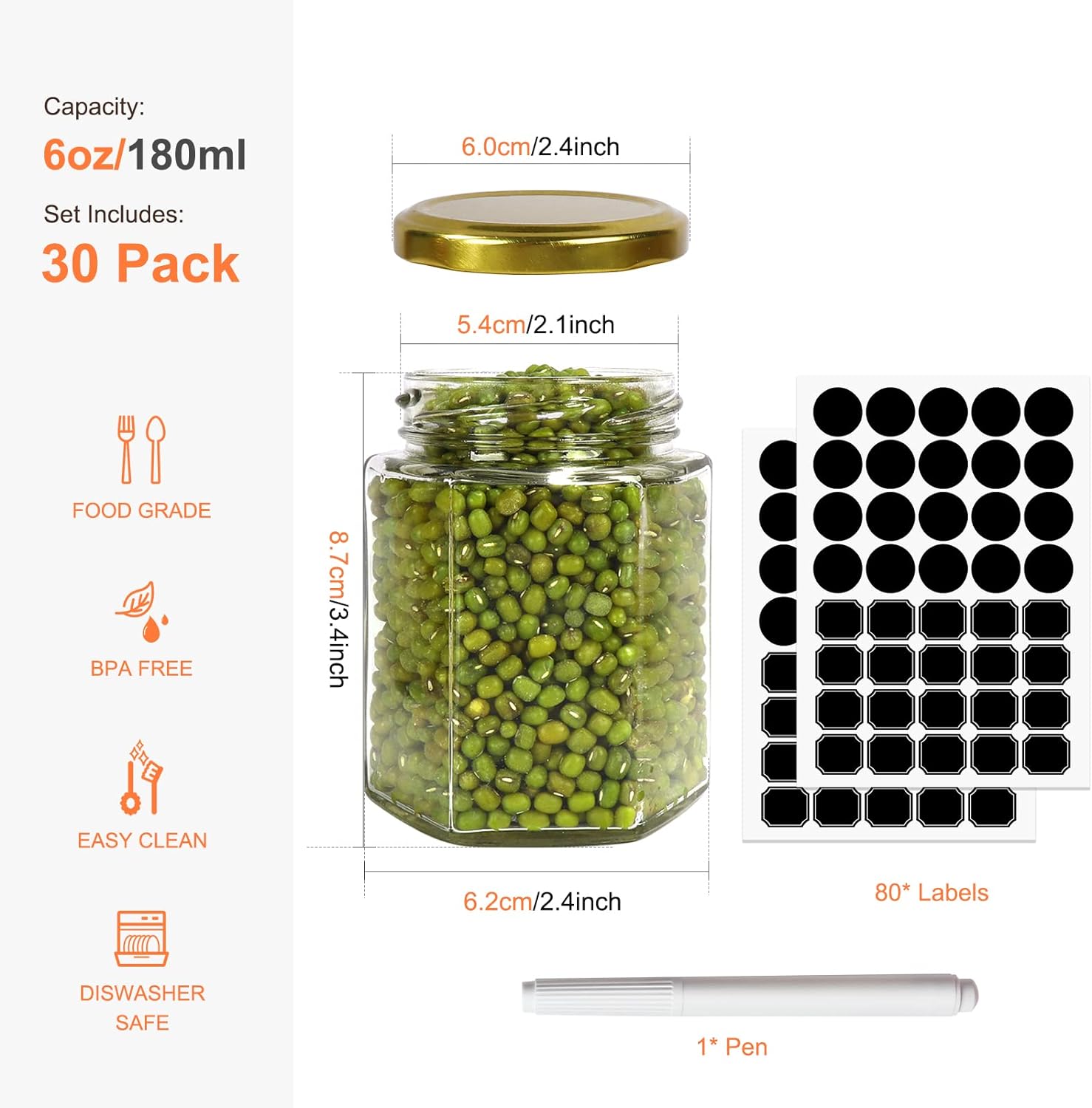 Betrome 30 Pack 6oz Hexagon Glass Jars with Gold Lids