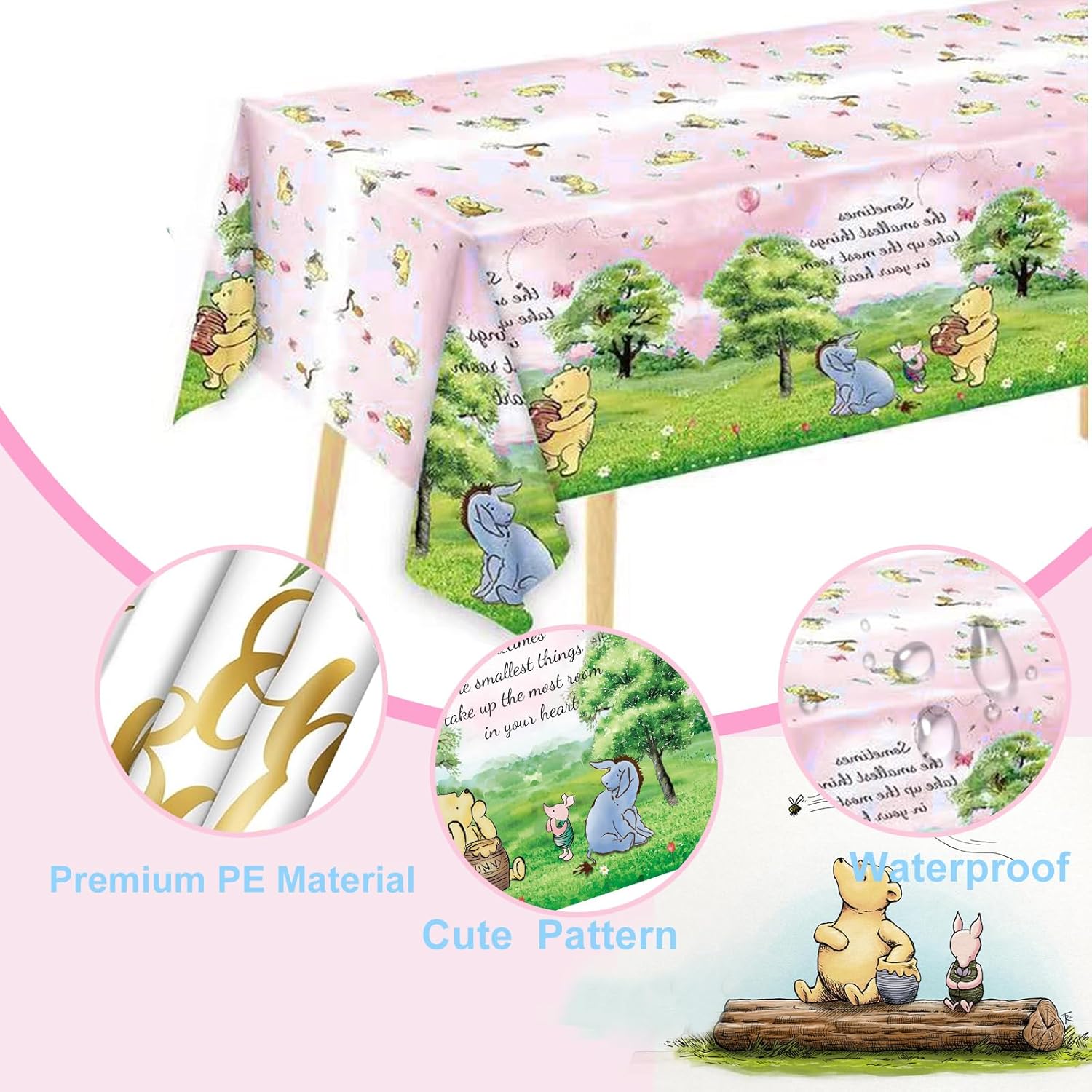 3PCS Pink Winnie Bear Tablecloth Baby Shower Decorations