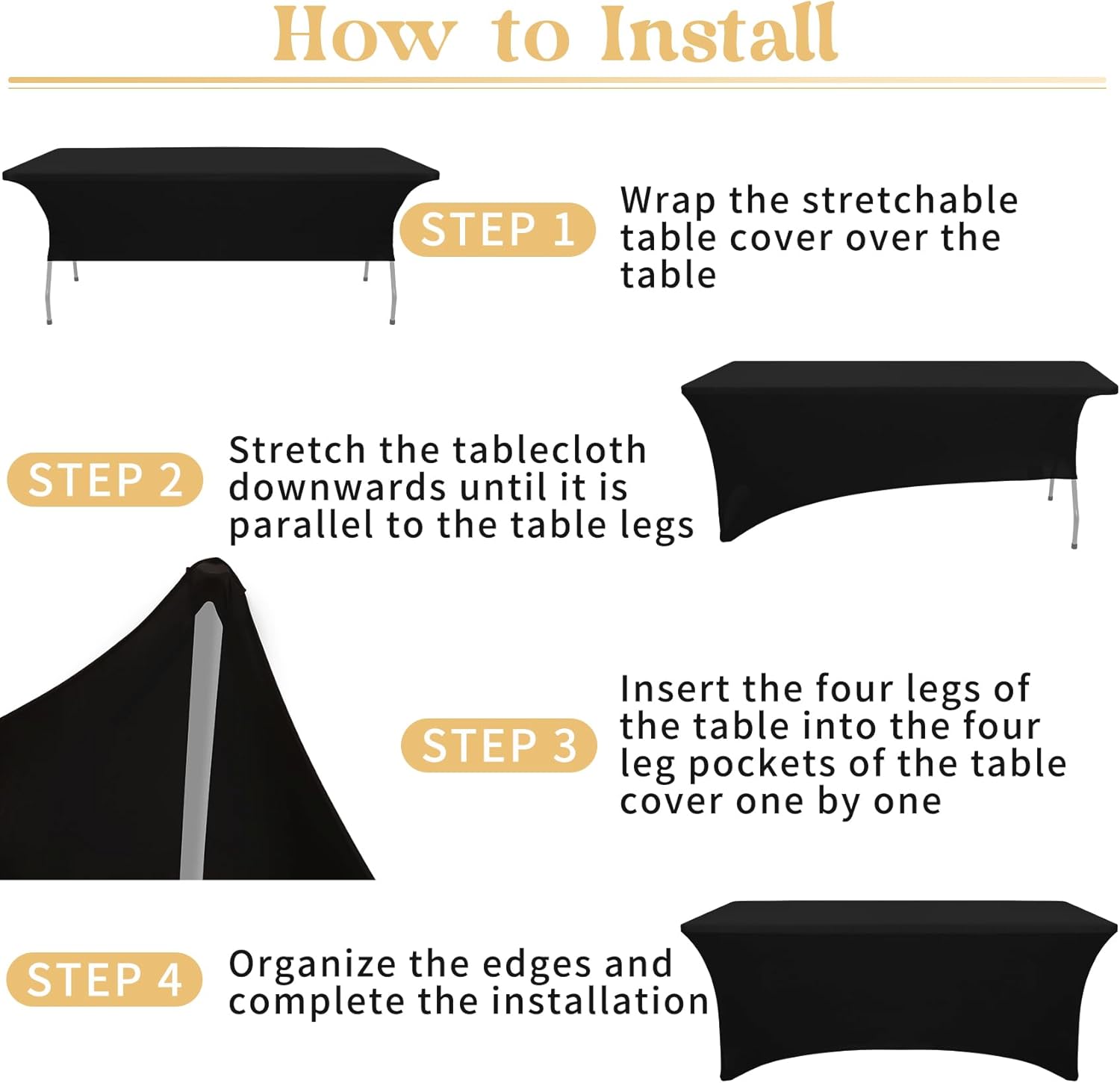 3 Pack Black Tablecloths 6ft Rectangle Spandex Stretch Fitted