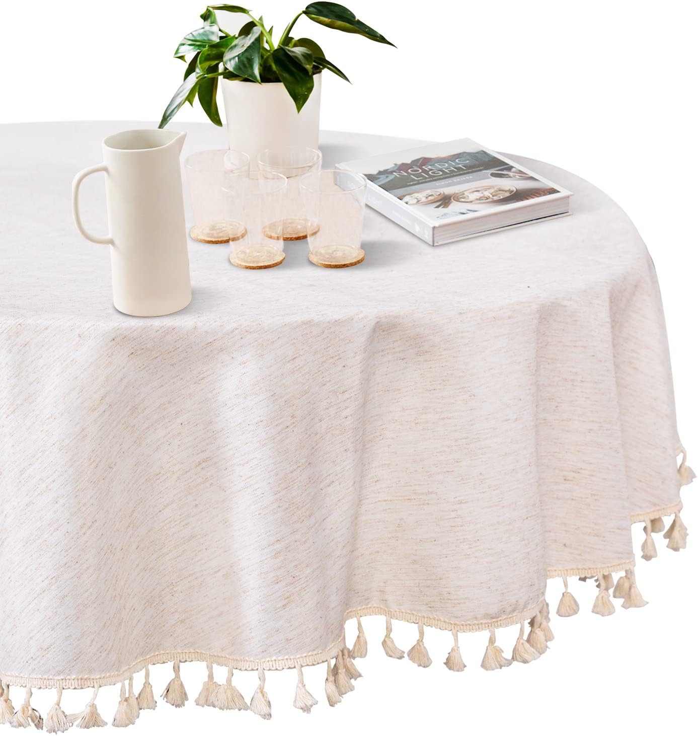 MYSKY HOME 60 in Round Cotton Tablecloth with Beige Tassels