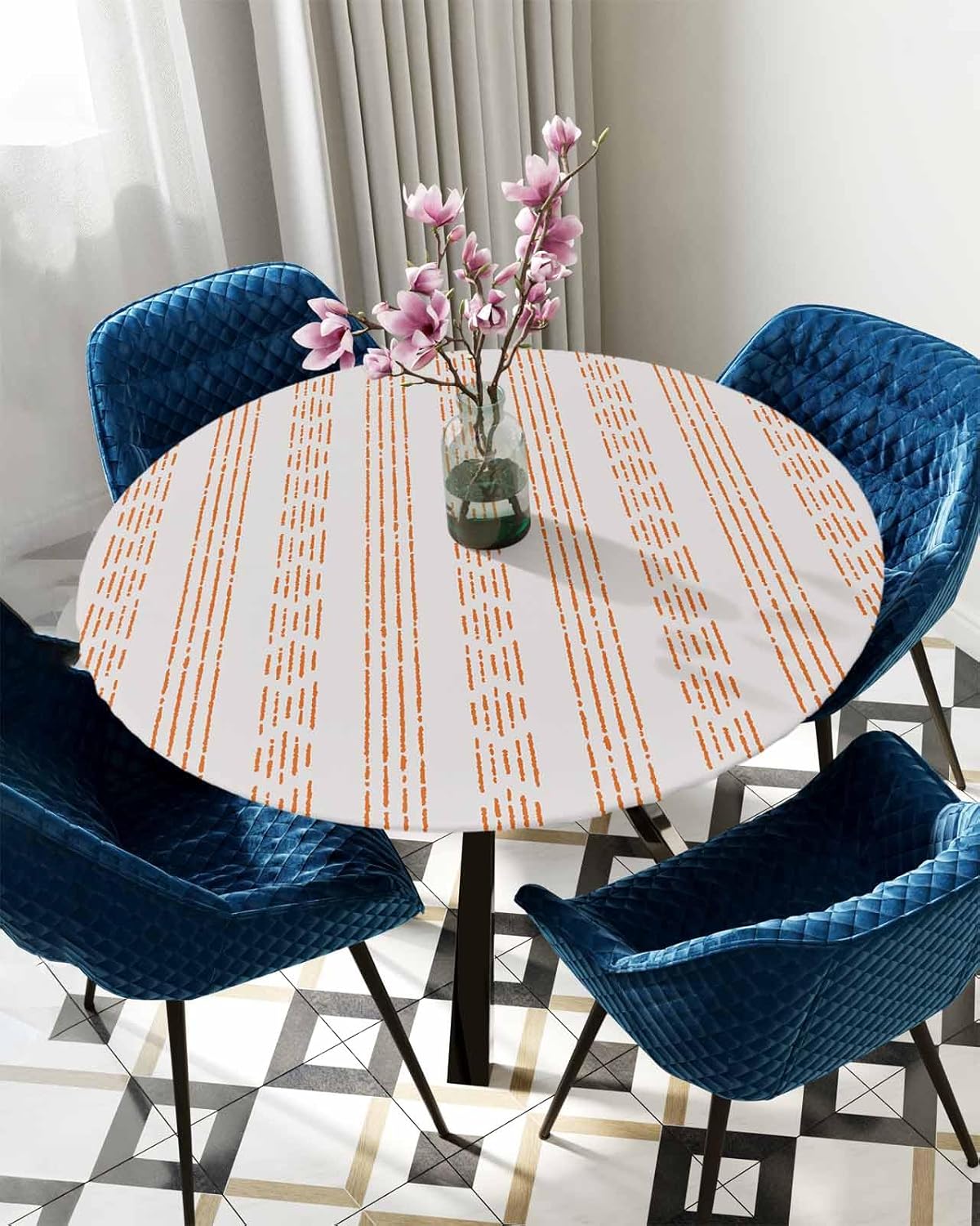 Geometric Orange Round Waterproof Table Cover Fitted Elastic Tablecloth for Indoor Outdoor Use