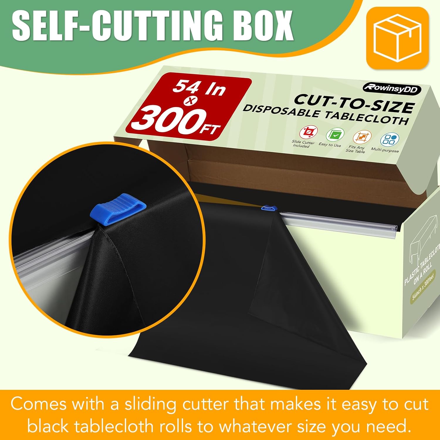 54 In X 300 Ft Black Plastic Table Cover Roll with Slide Cutter